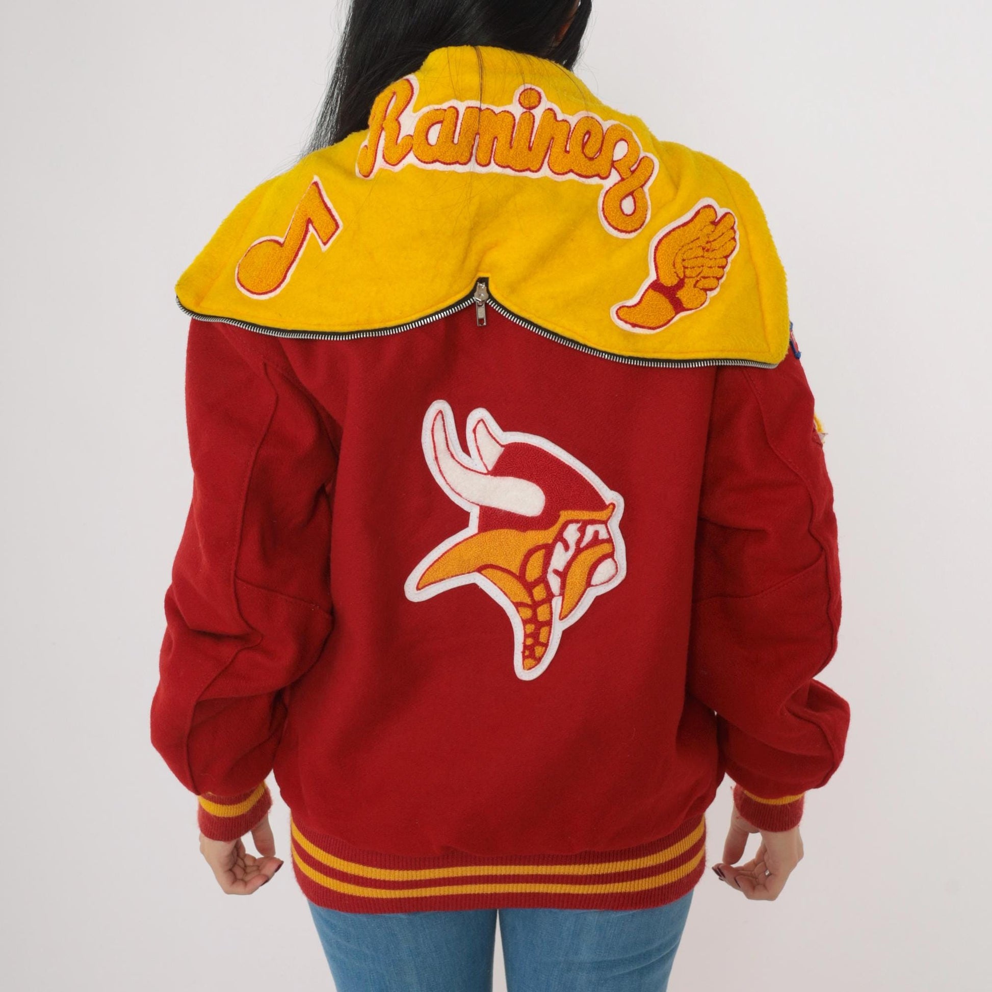 Y2K Letterman Jacket Red Gold Wool Blend Hooded Varsity Coat Large L