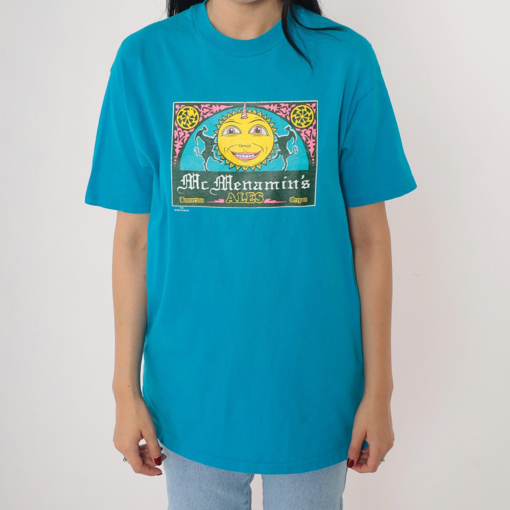 90s McMenamin's Ales Brewery Graphic T-Shirt Blue Hanes Beefy Tee Medium