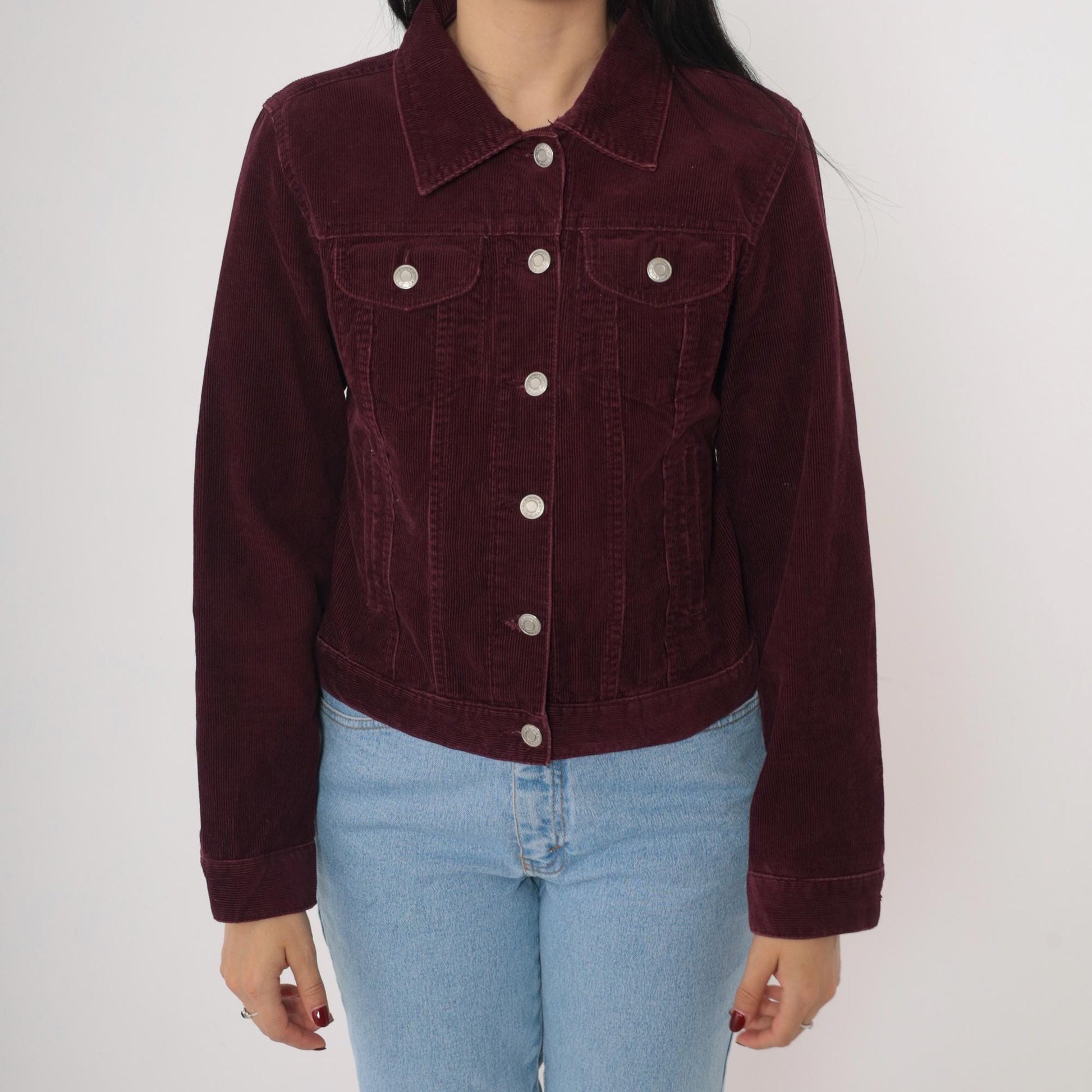 2000s Old Navy Burgundy Corduroy Trucker Jacket Silver Buttons Small S