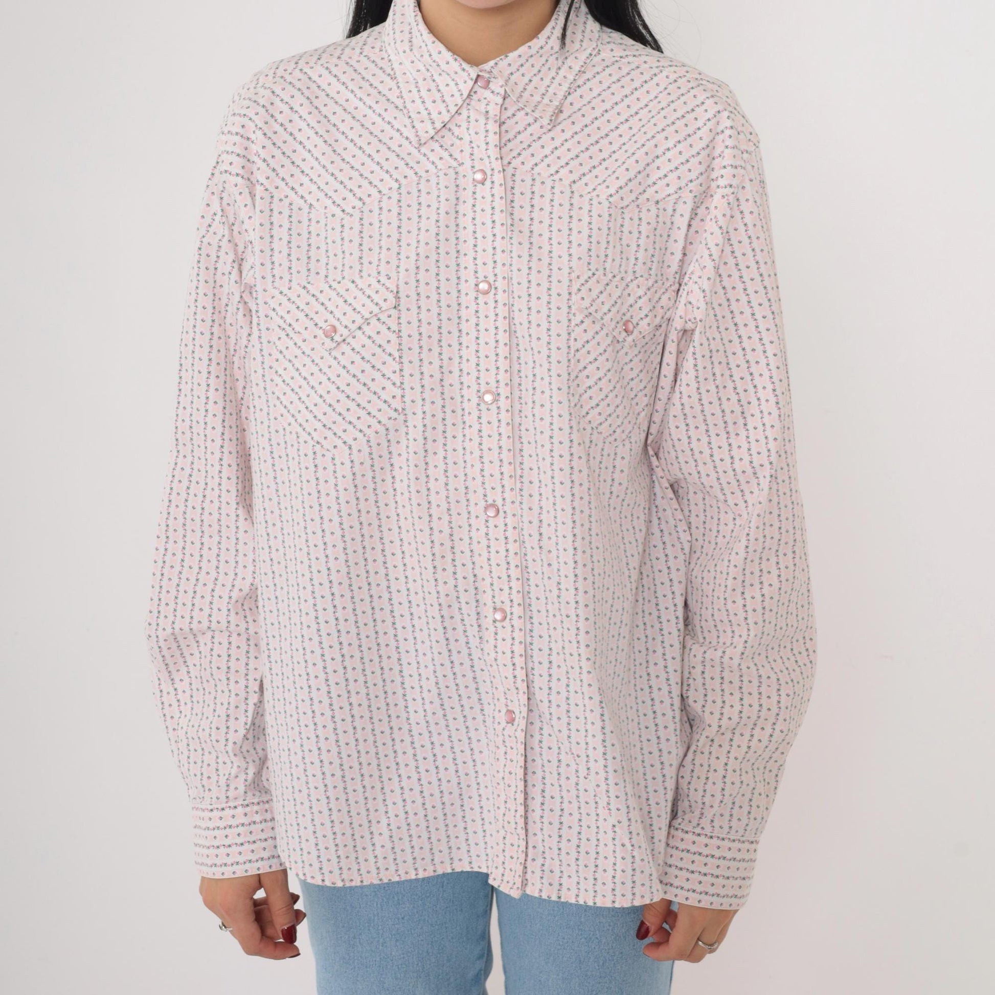 Y2K Cruel Girl Western Shirt Pink Floral Stripe Pearl Snap Blouse Extra Large XXL
