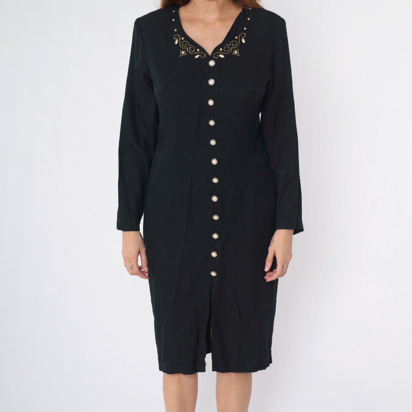90s Black Beaded Sheath Dress Gold Studs Long Sleeve Button Front Midi Medium