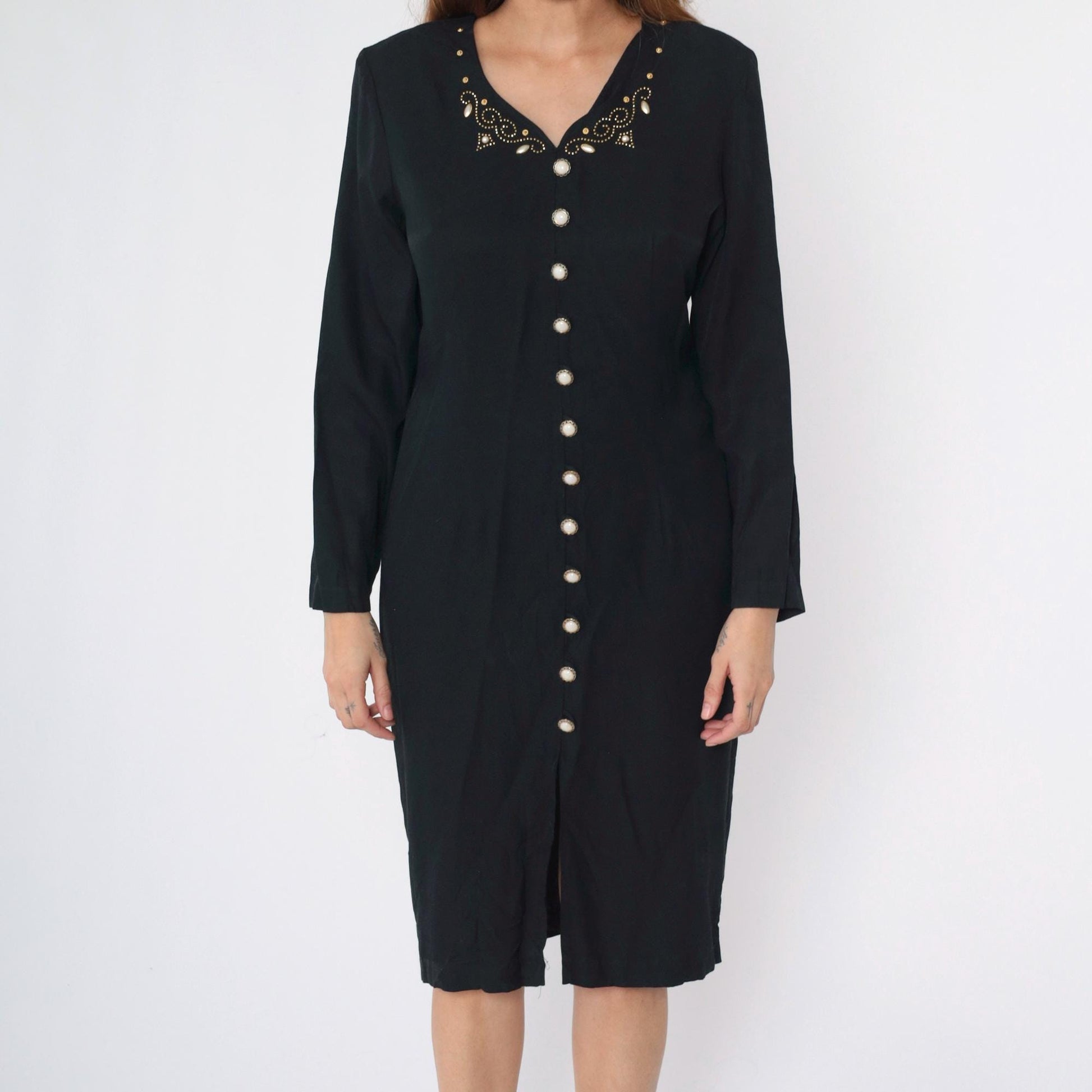90s Black Beaded Sheath Dress Gold Studs Long Sleeve Button Front Midi Medium