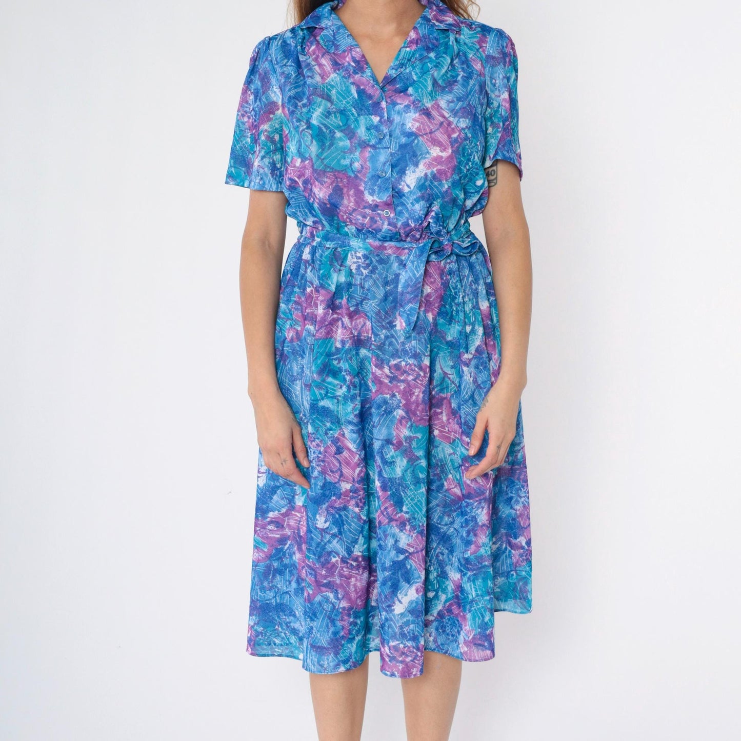 80s Abstract Floral Midi Dress Blue Purple Puff Sleeve Button Up High Waisted Small Medium