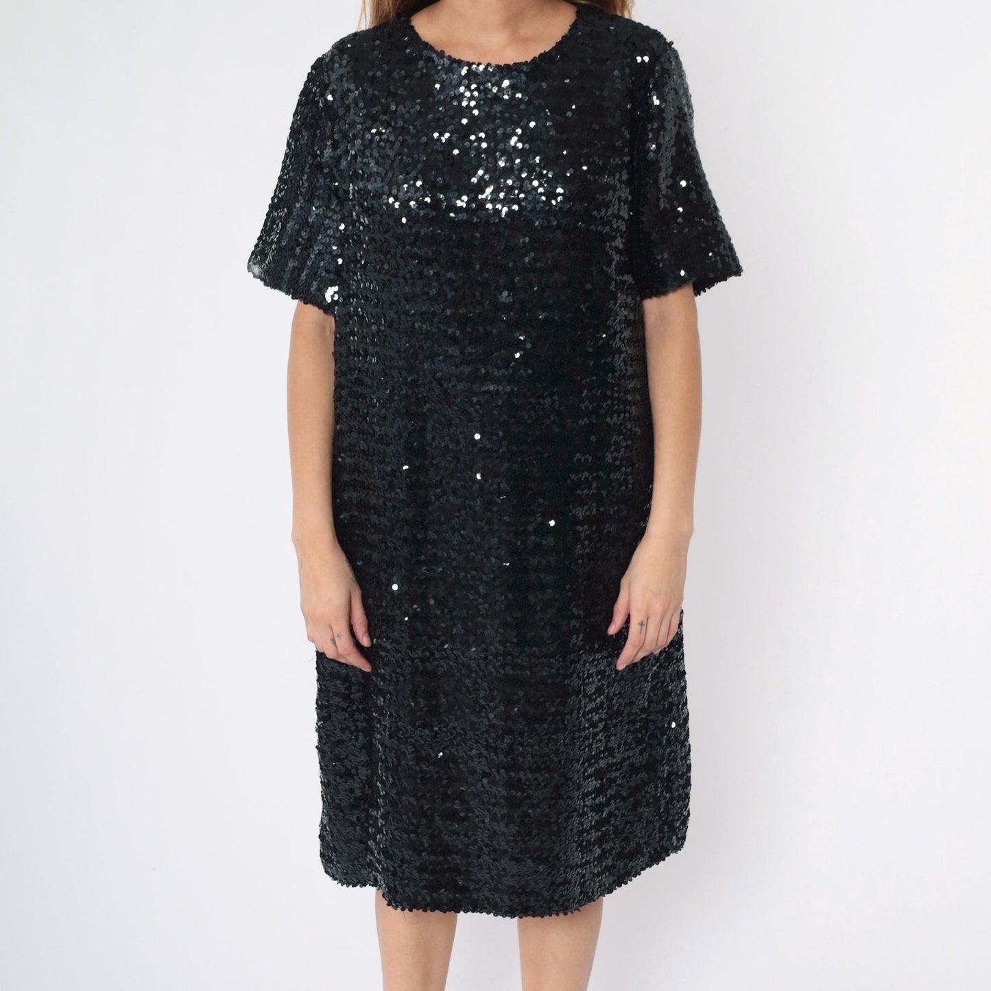80s Black Sequin Midi Dress Short Sleeve Round Neck Shift Large L
