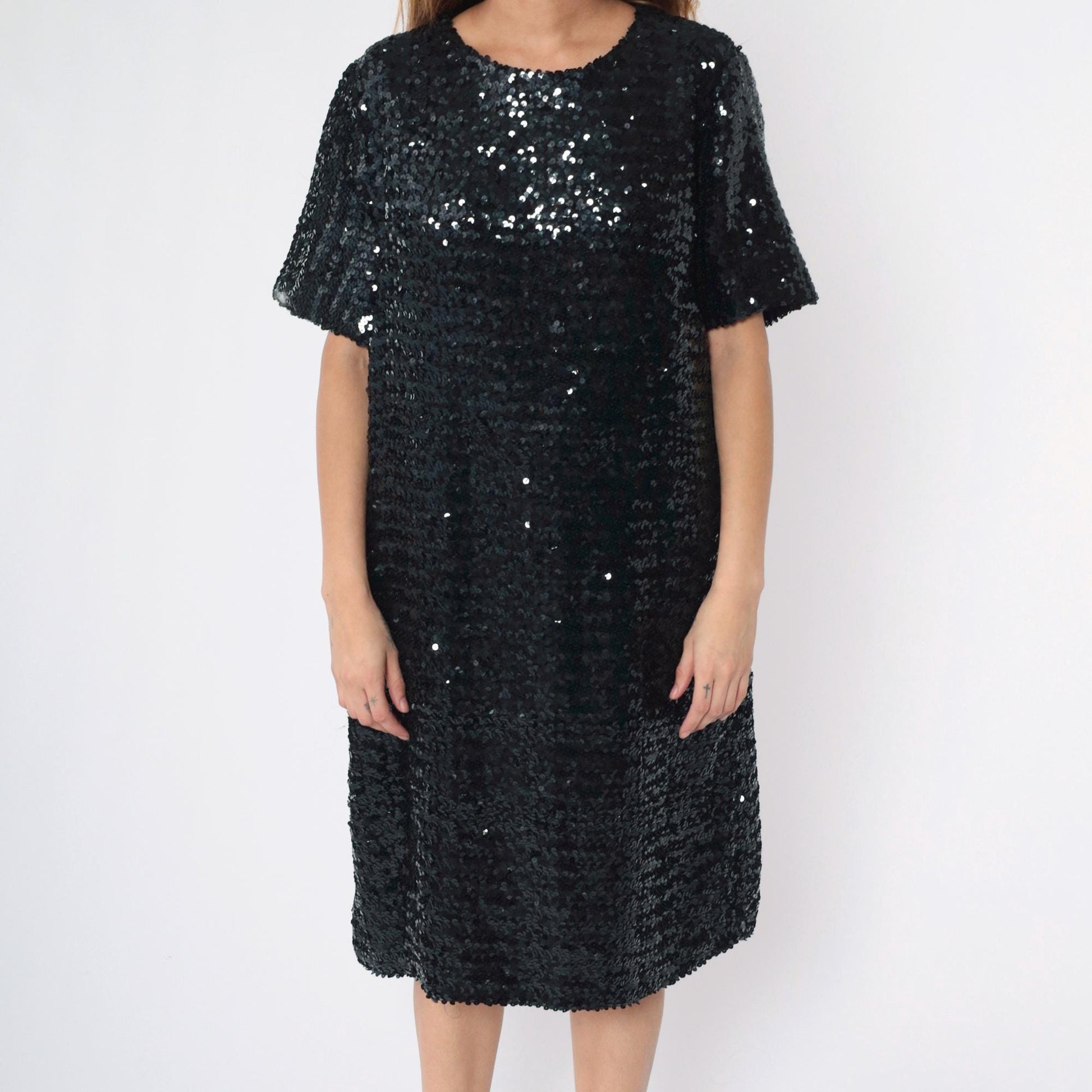 80s Black Sequin Midi Dress Short Sleeve Round Neck Shift Large L