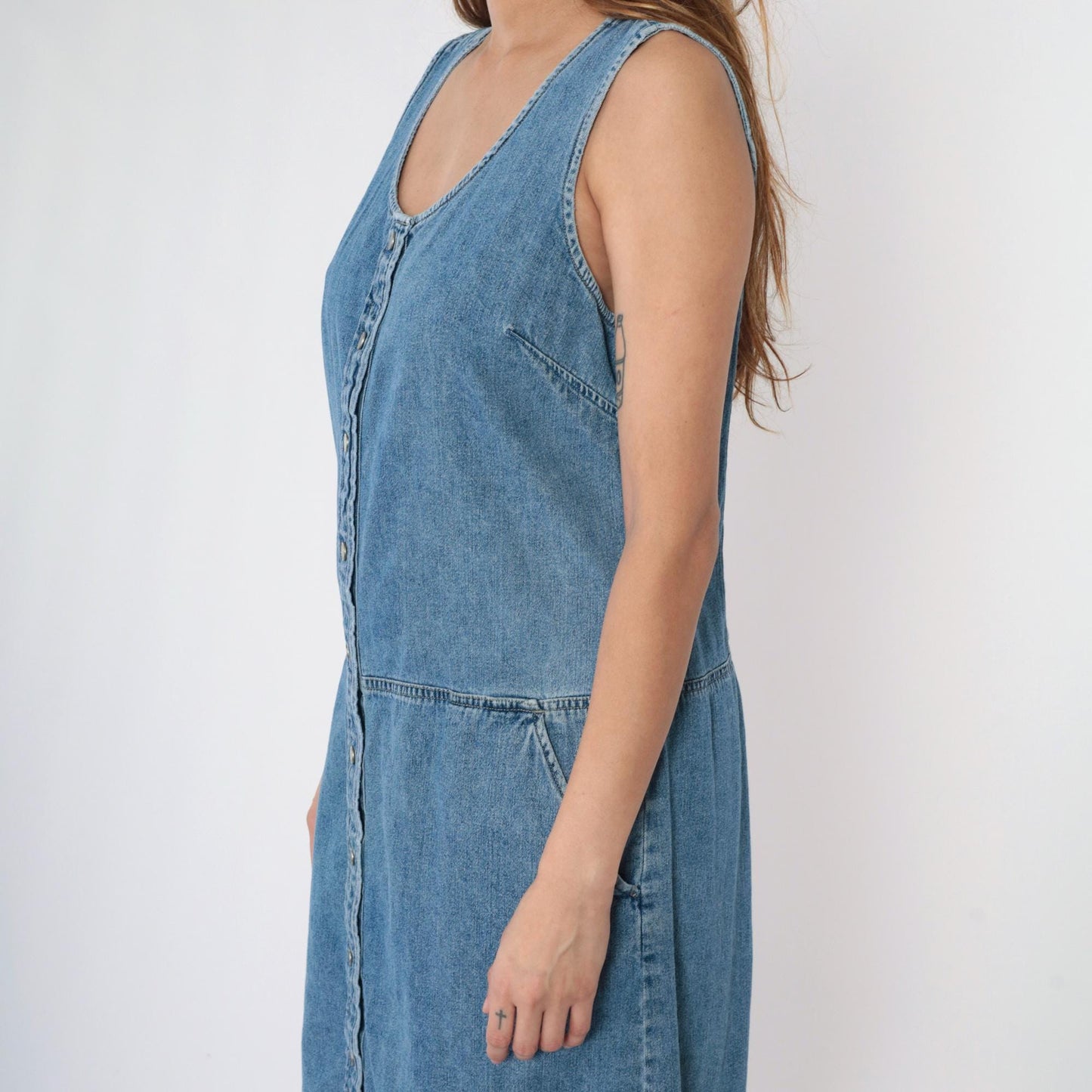 Y2K Blue Denim Jumper Dress Button-Up Sleeveless Knee-Length Large 12