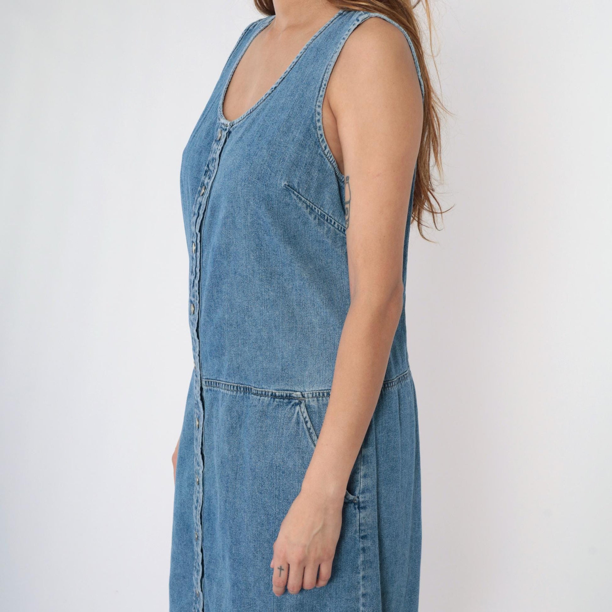 Y2K Blue Denim Jumper Dress Button-Up Sleeveless Knee-Length Large 12