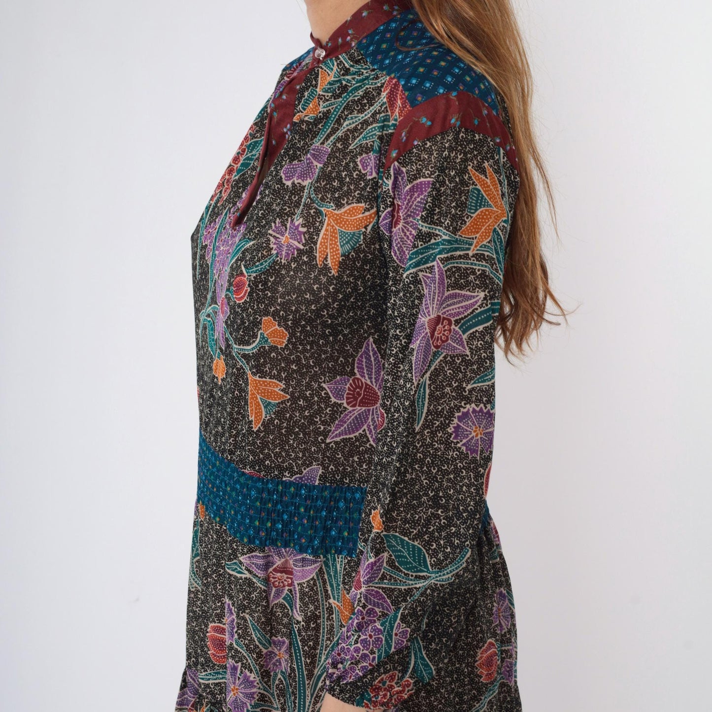 70s Black Floral Midi Dress High Neck Smocked Waist Long Sleeve Medium M