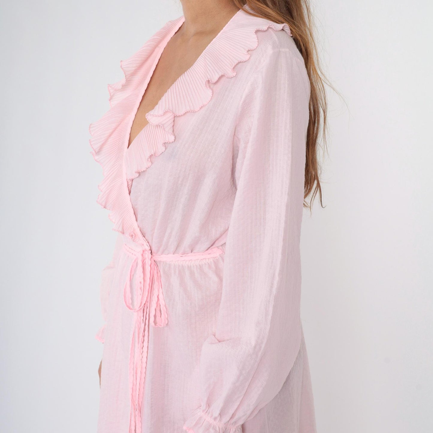 80s Pink Seersucker Wrap Dress Deep V Ruffle Collar Maxi Small