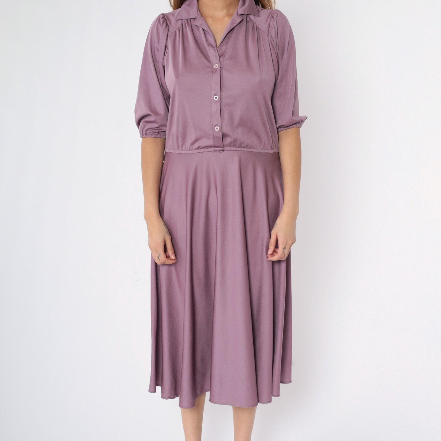 80s Purple Puff Sleeve Midi Shirtdress High Waist Button Up Medium Large