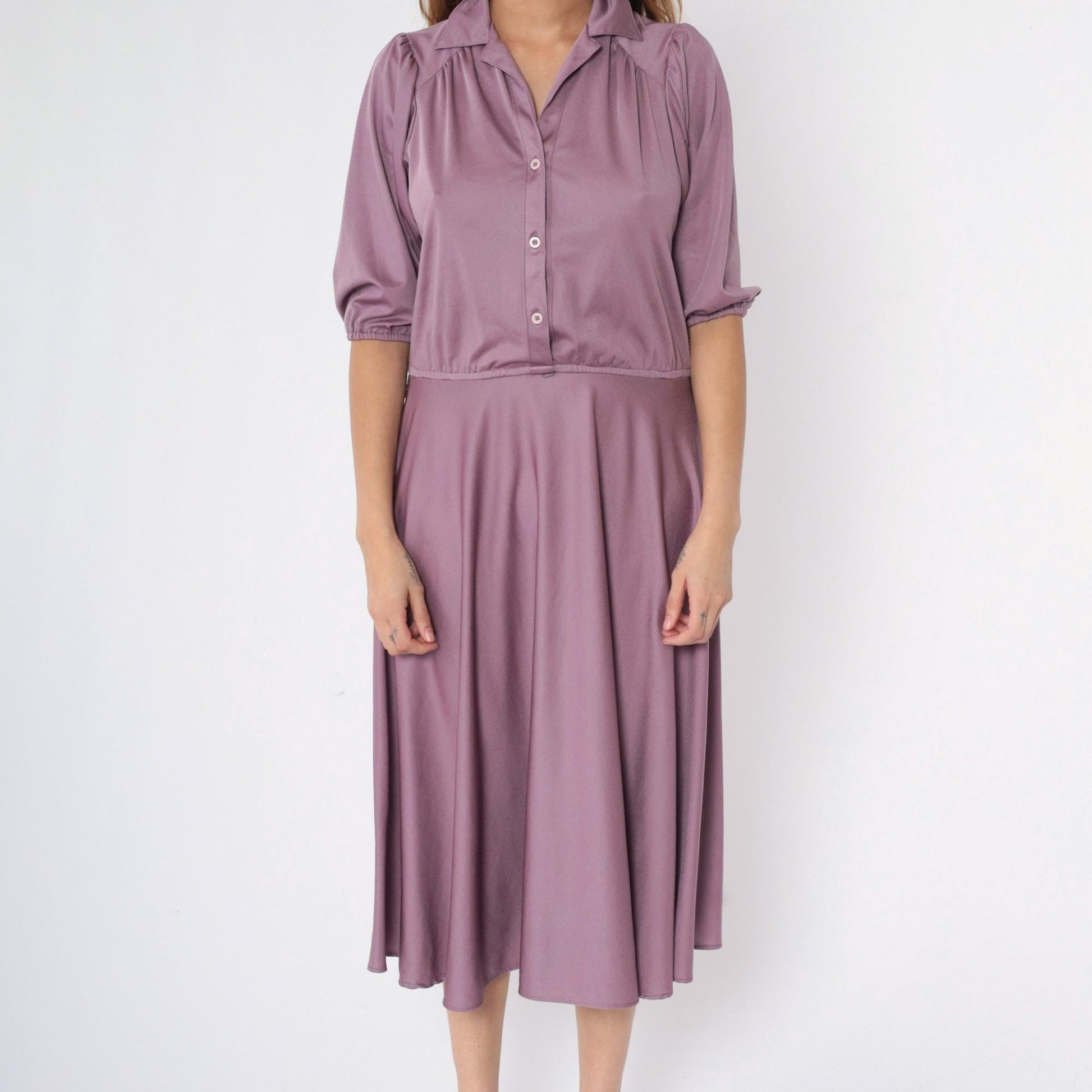 80s Purple Puff Sleeve Midi Shirtdress High Waist Button Up Medium Large