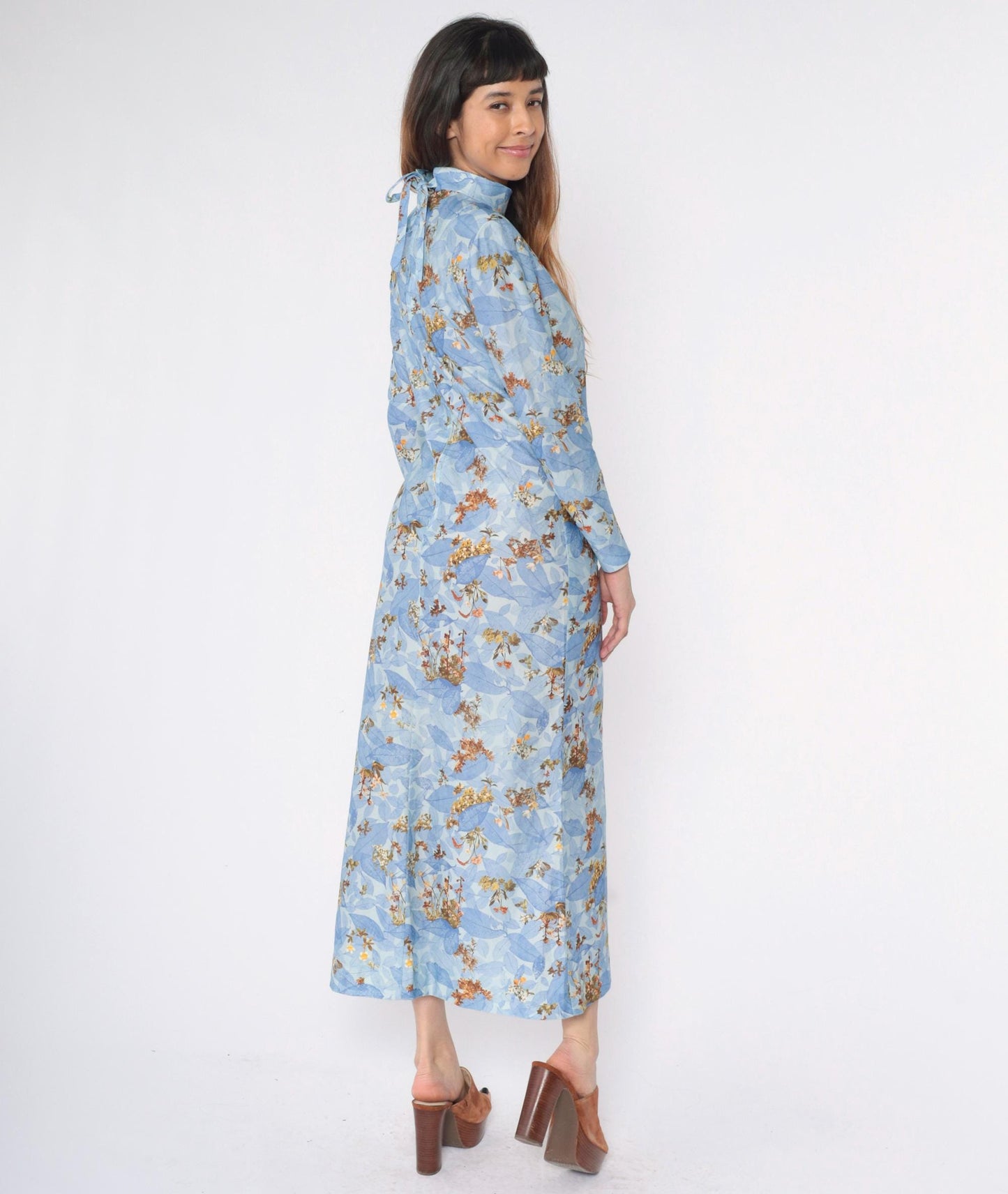 70s Blue Floral Maxi Dress Mock Neck Long Sleeve Small