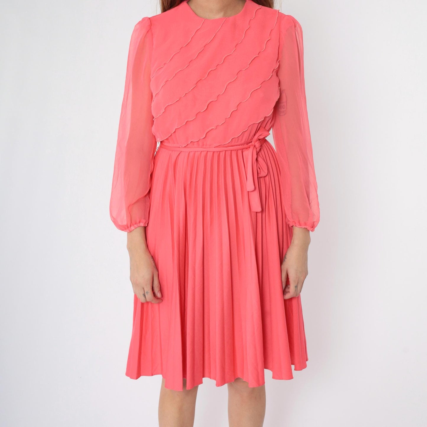 70s Pink Chiffon Ruffle Midi Dress Pleated Elastic Waist Small S