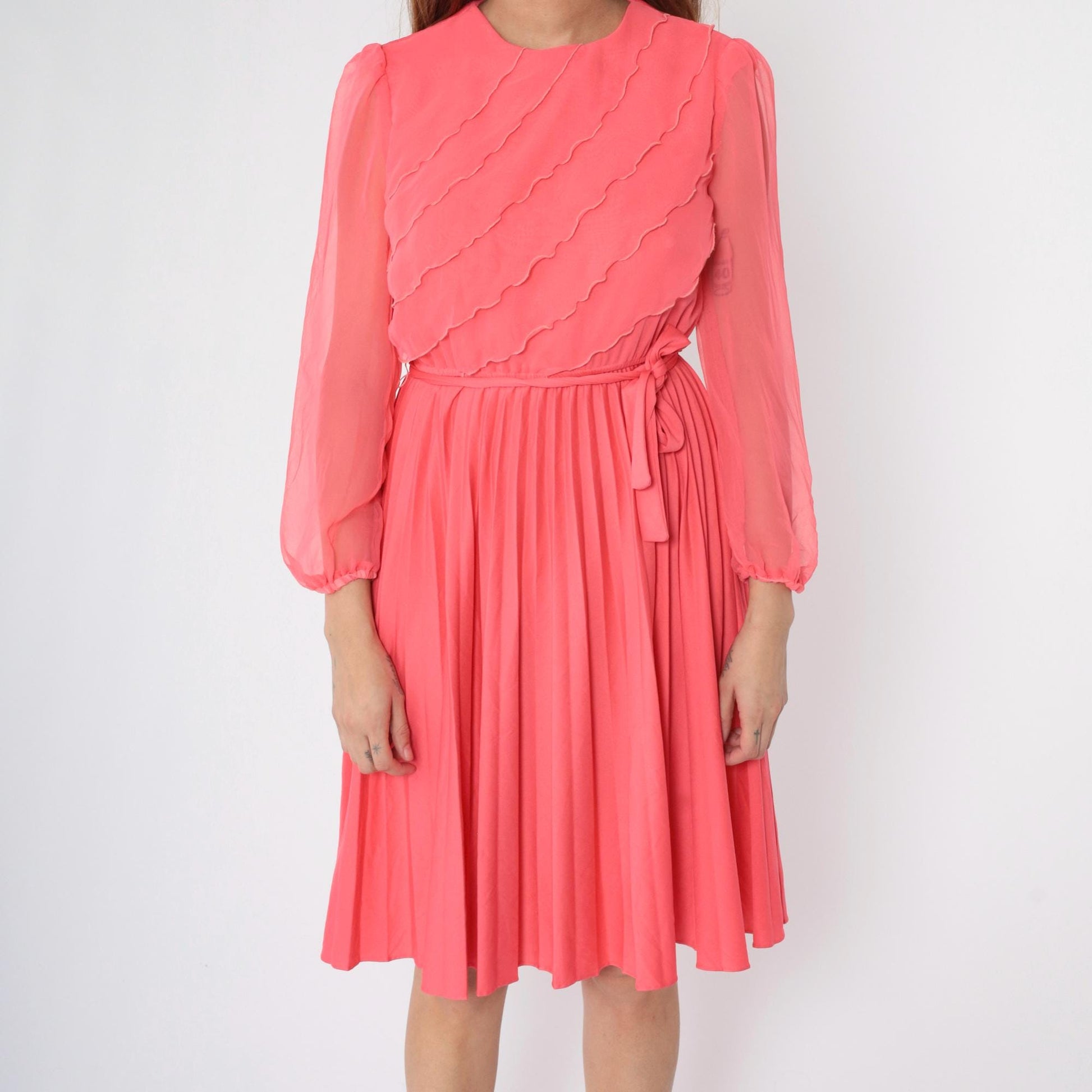70s Pink Chiffon Ruffle Midi Dress Pleated Elastic Waist Small S