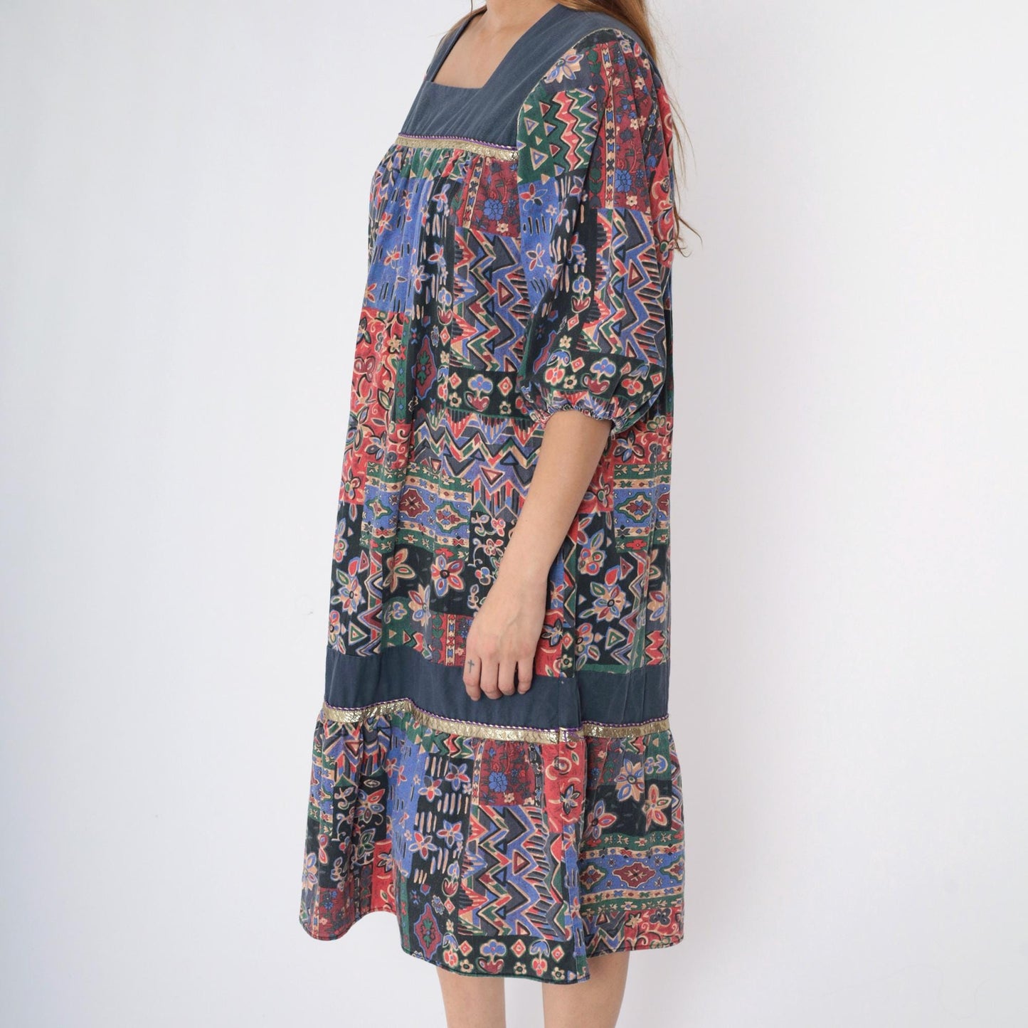 80s Patchwork Midi Dress Floral Geometric Square Neck Puff Sleeve Tiered Medium Large
