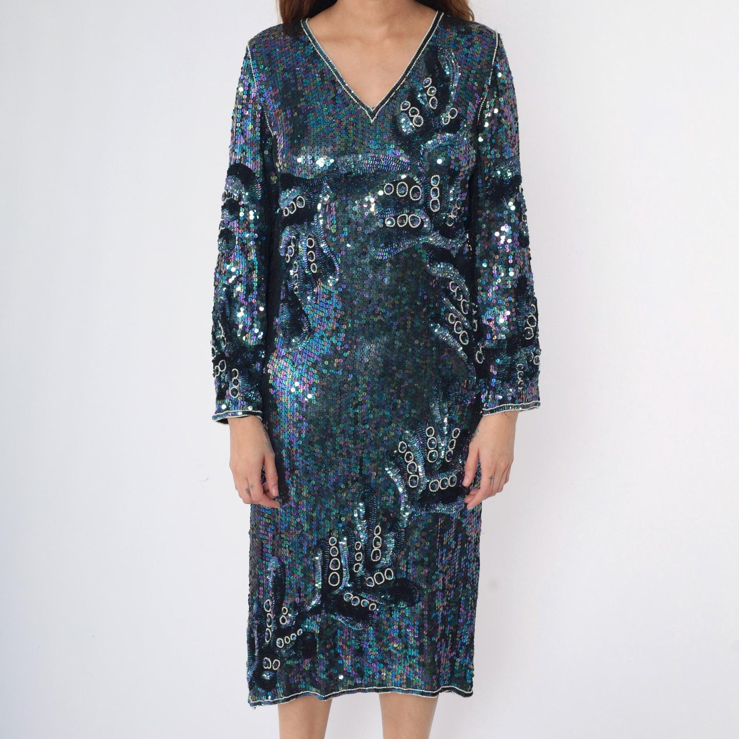80s Blue Sequin Silk Midi Dress Iridescent Beaded V-Neck Long Sleeve Small