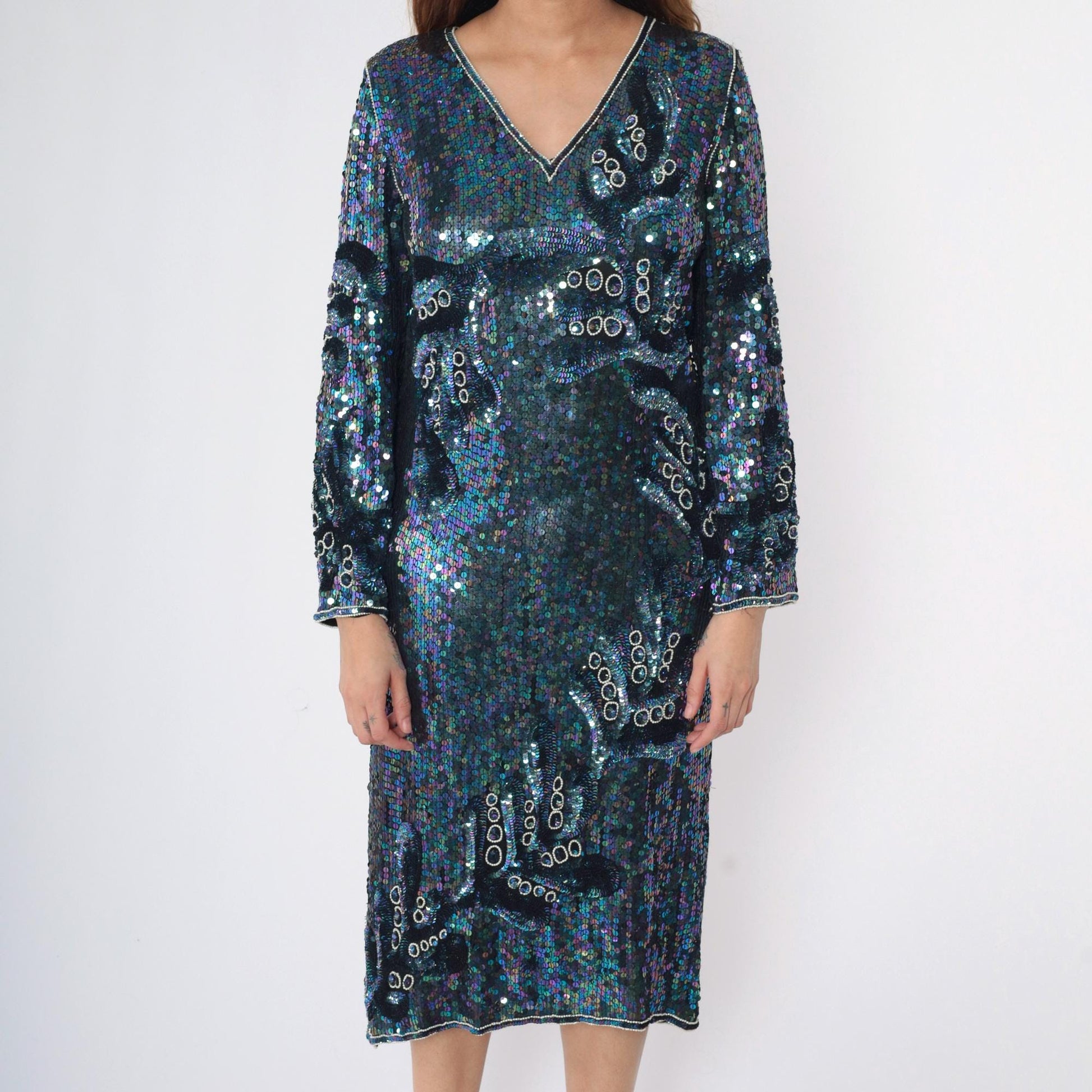80s Blue Sequin Silk Midi Dress Iridescent Beaded V-Neck Long Sleeve Small