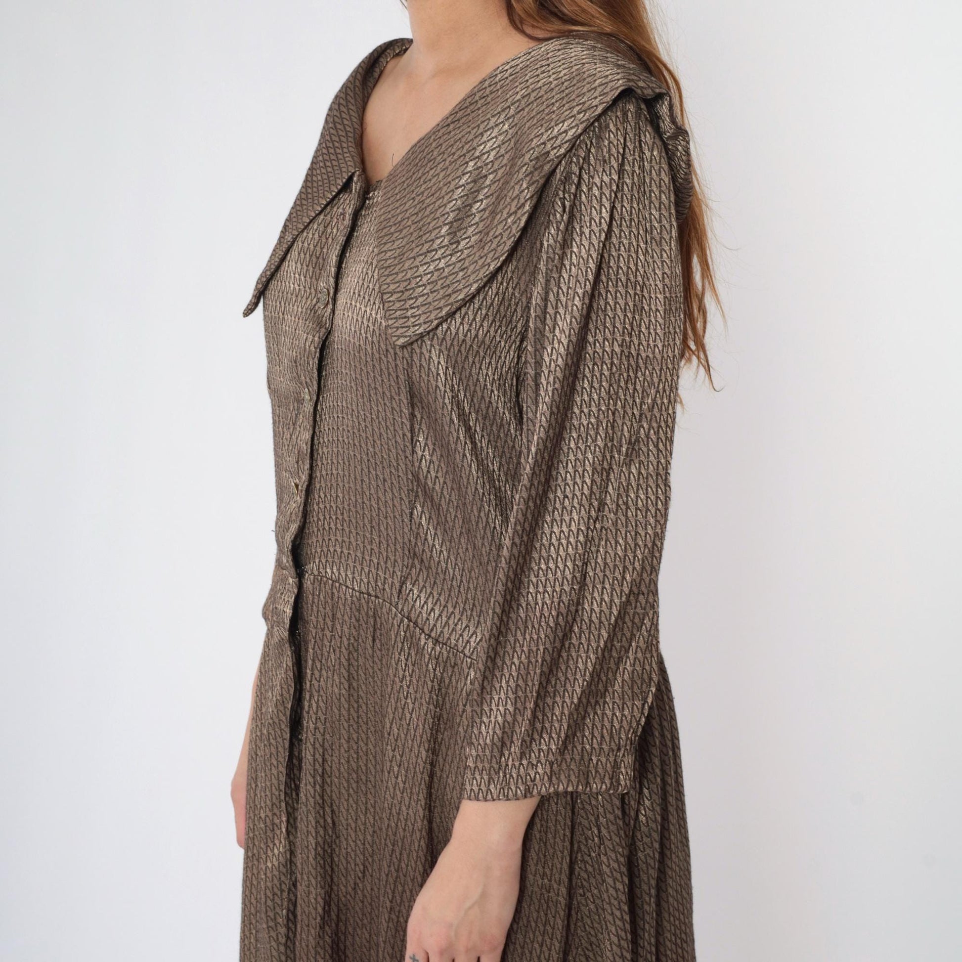 80s Gold Metallic Button-Down Midi Dress Wide Collar Long Sleeve Medium Large