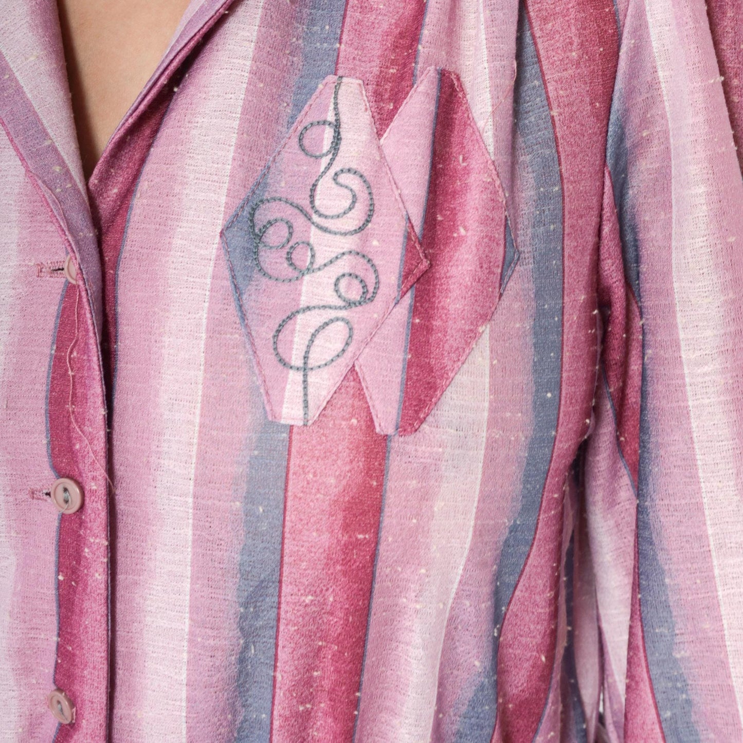 80s Pink Purple Striped Midi Shirtdress Embroidered Collar Button Up Medium M