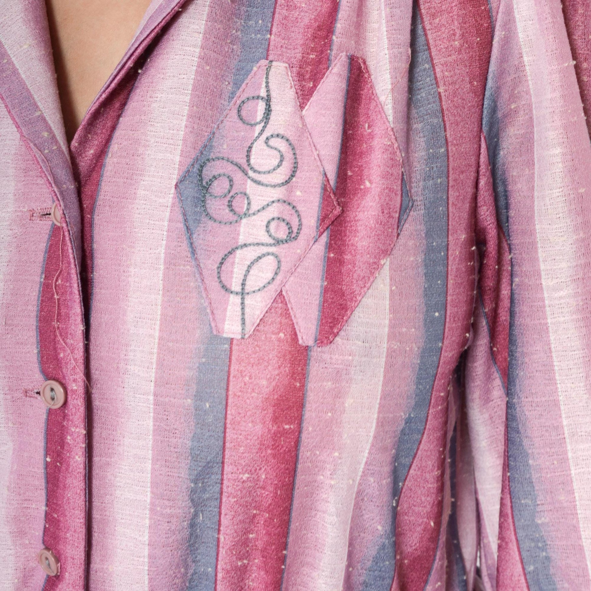 80s Pink Purple Striped Midi Shirtdress Embroidered Collar Button Up Medium M