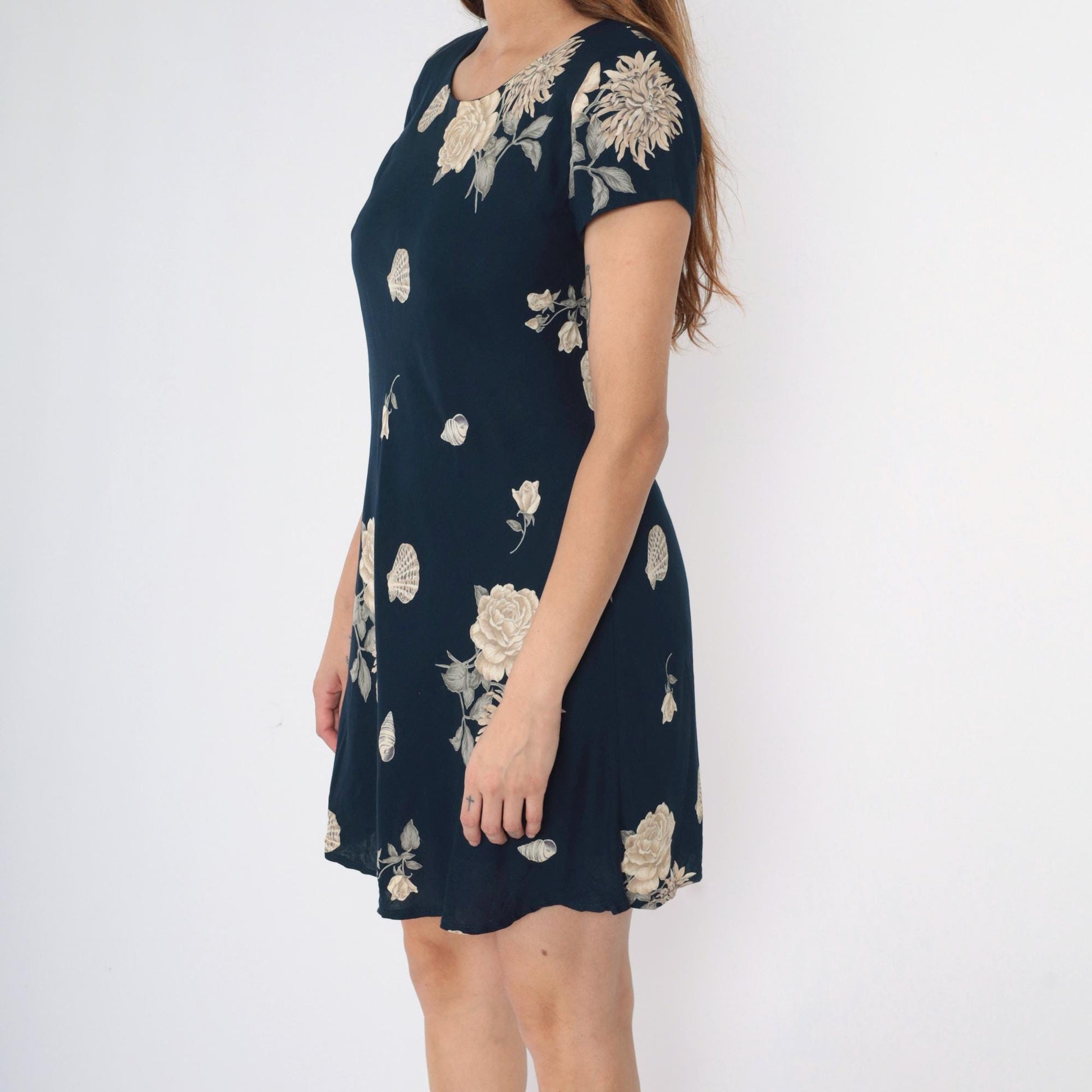 90s Jessica Howard Petite Navy Floral Seashell Mini Shift Dress Small 6