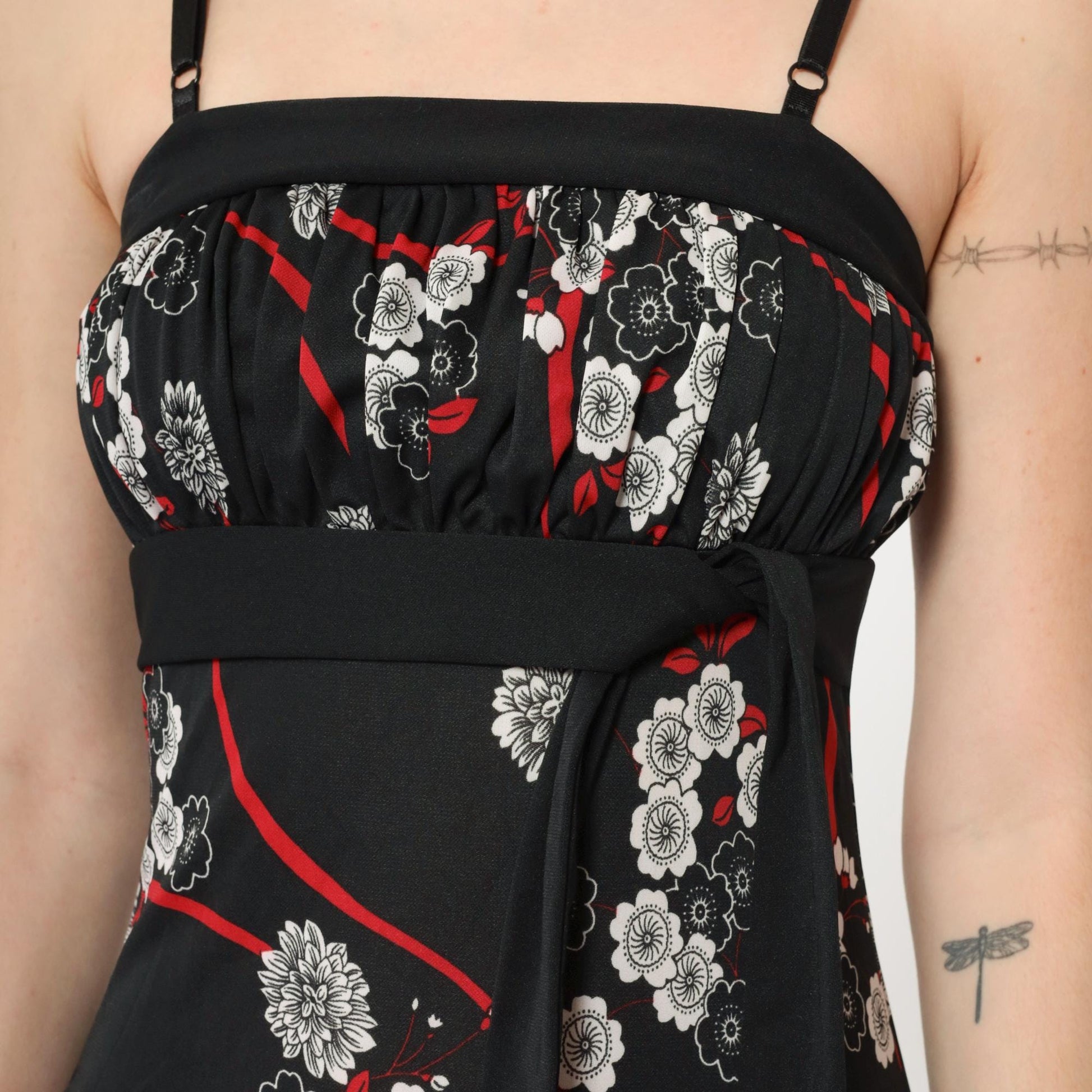 Y2K Black Floral Midi Dress Waterfall Hem Empire Waist Spaghetti Strap Extra Small