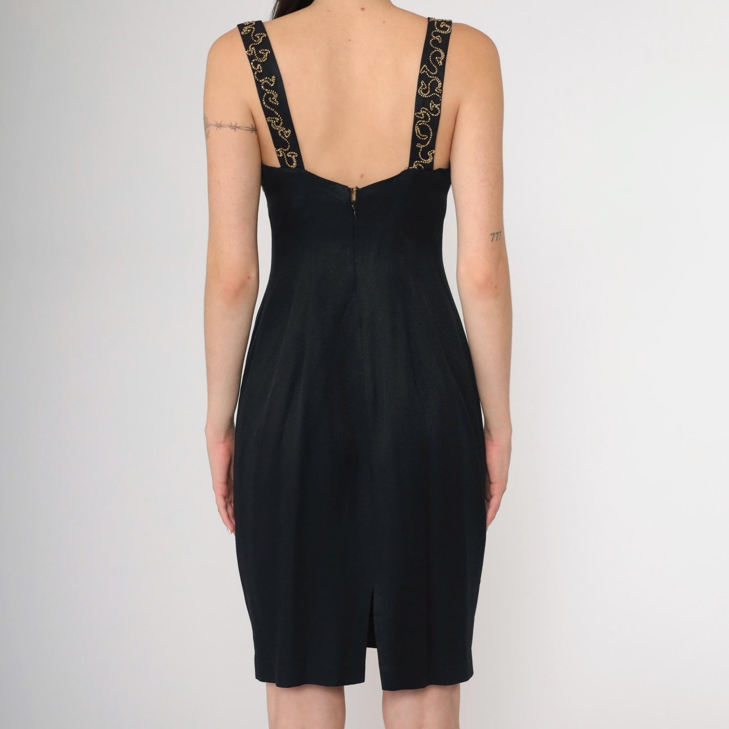90s Black Mini Dress Gold Soutache Rhinestone Empire Waist Sweetheart Small