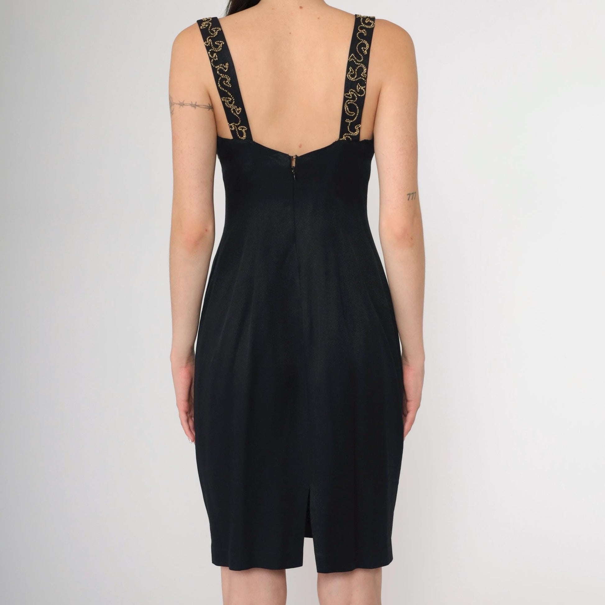 90s Black Mini Dress Gold Soutache Rhinestone Empire Waist Sweetheart Small