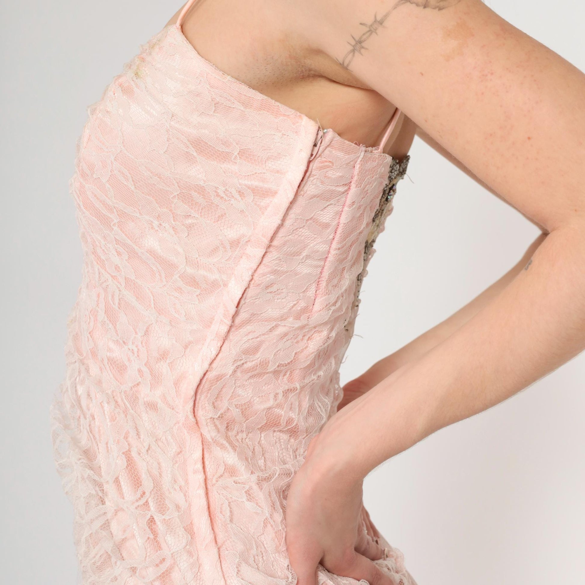 80s Pink Lace Beaded Sequin Evening Dress Sweetheart Neckline Spaghetti Strap Extra Small