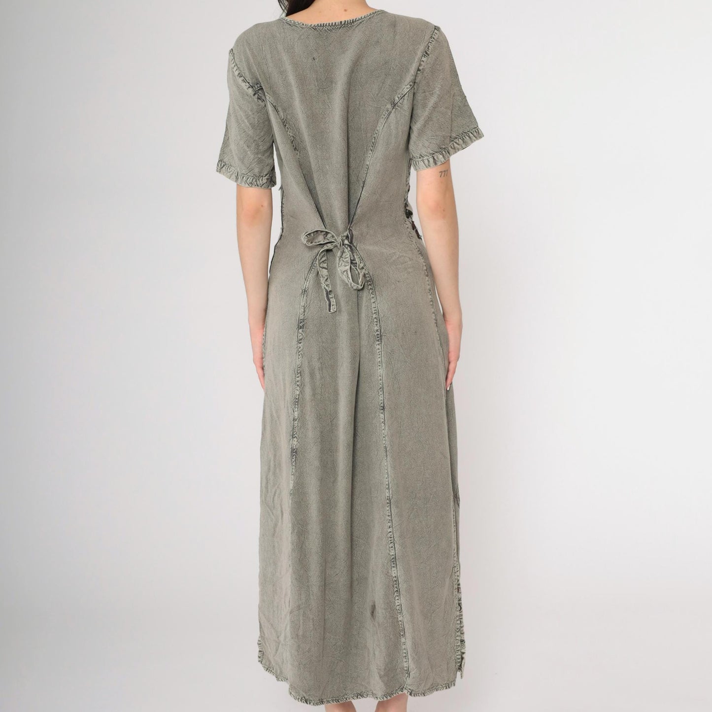 Y2K MPH Indian Embroidered Maxi Dress Grey Beaded Floral Short Sleeve Medium