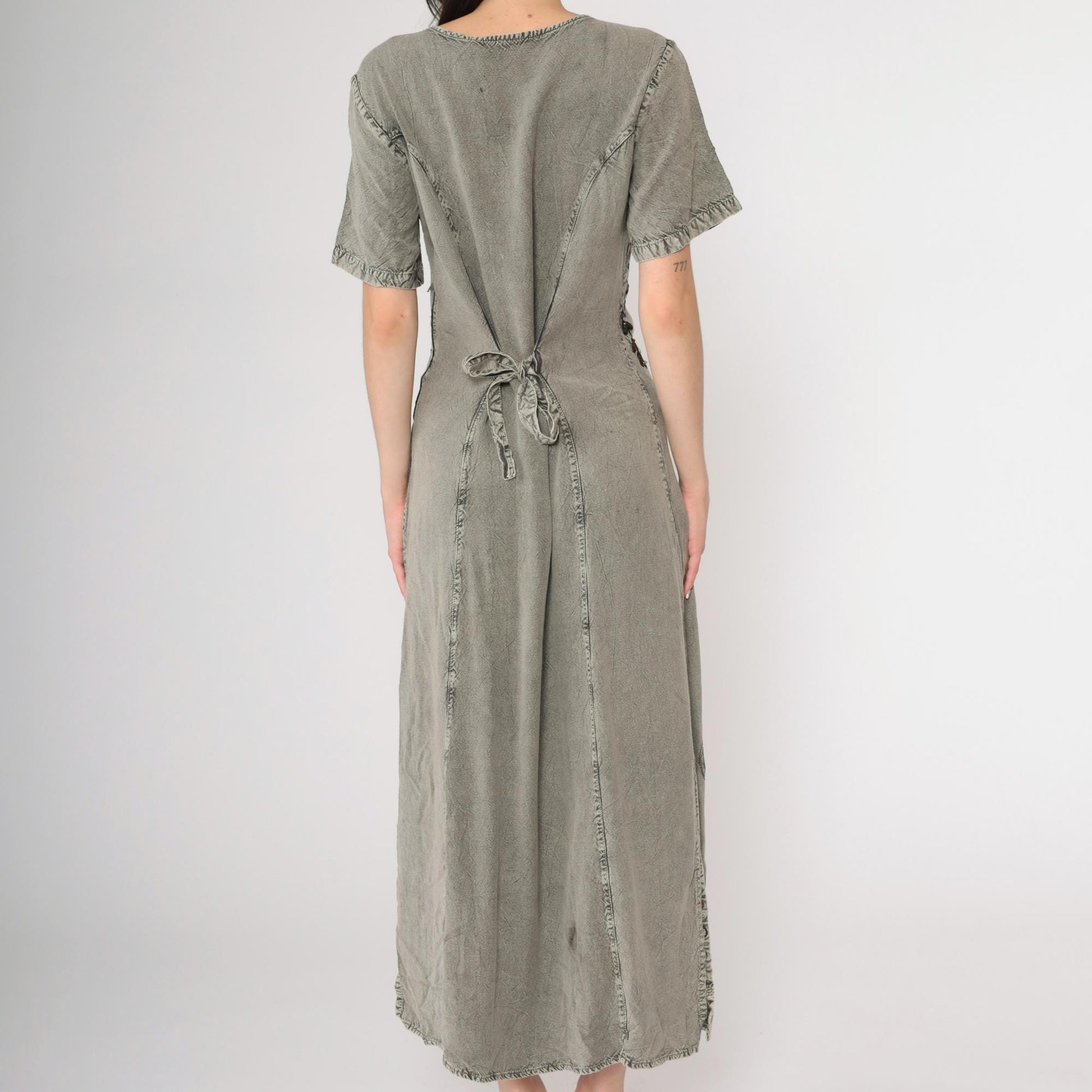Y2K MPH Indian Embroidered Maxi Dress Grey Beaded Floral Short Sleeve Medium