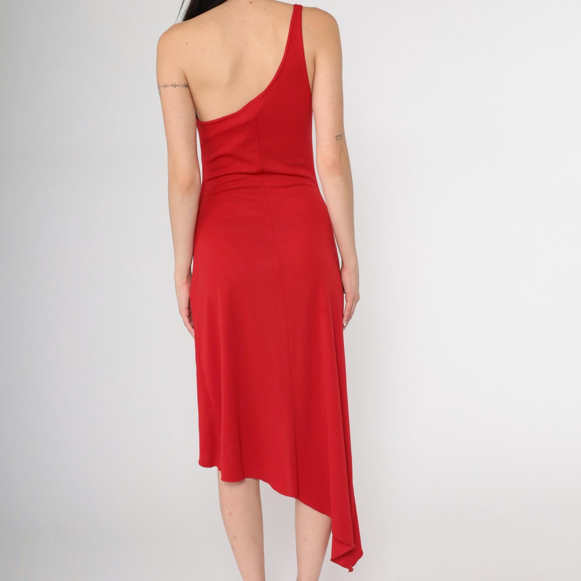 90s Red One-Shoulder Midi Dress Y2K Beaded Flower Asymmetrical Medium M