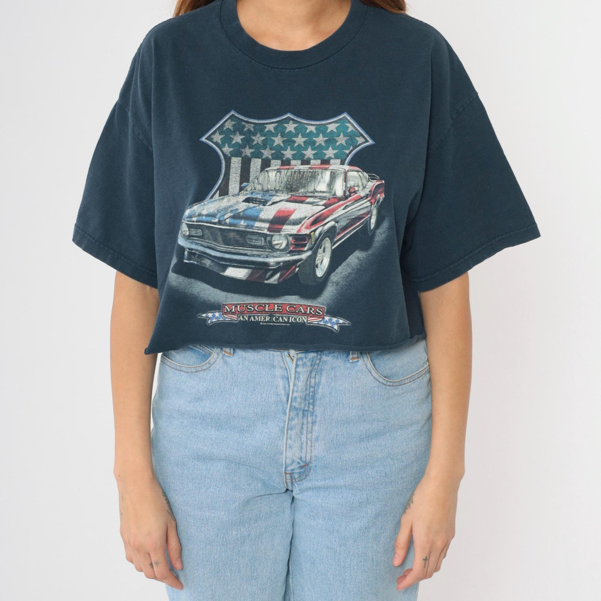 Y2K Muscle Cars American Icon Graphic Crop Top Navy Cotton Extra Large XL