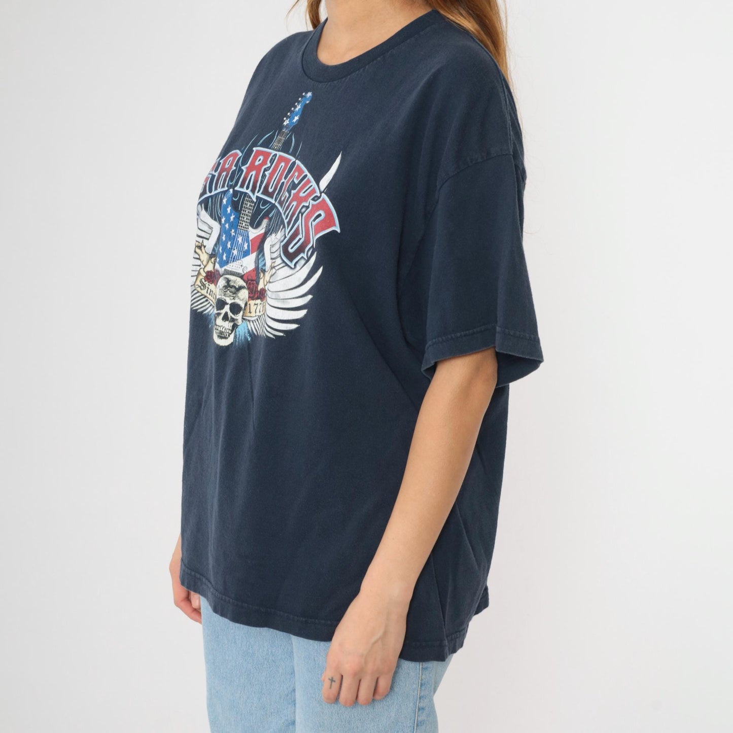 USA Rocks Skull Guitar Graphic T-Shirt Navy Cotton Crewneck Extra Large XL