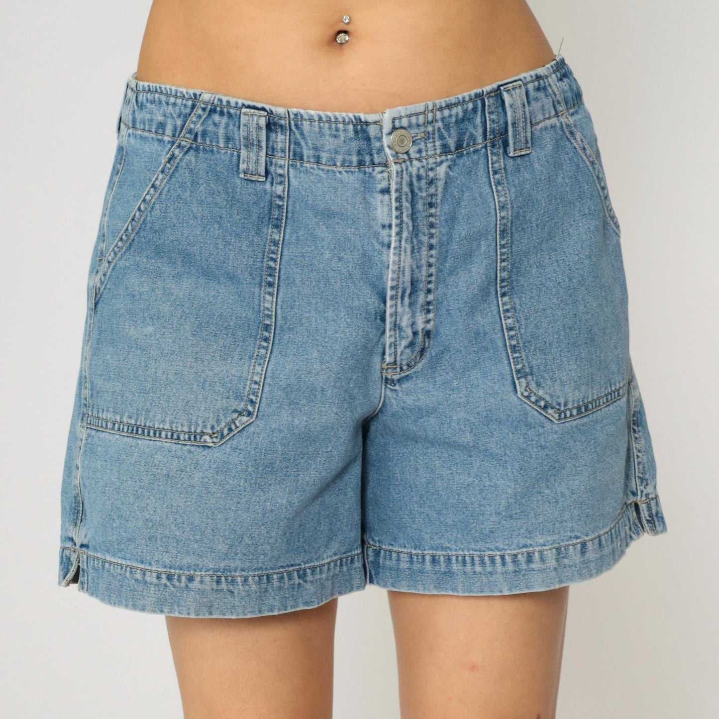 90s Blue Denim Cargo Shorts High Waist Cotton Jean Shorts Medium Large