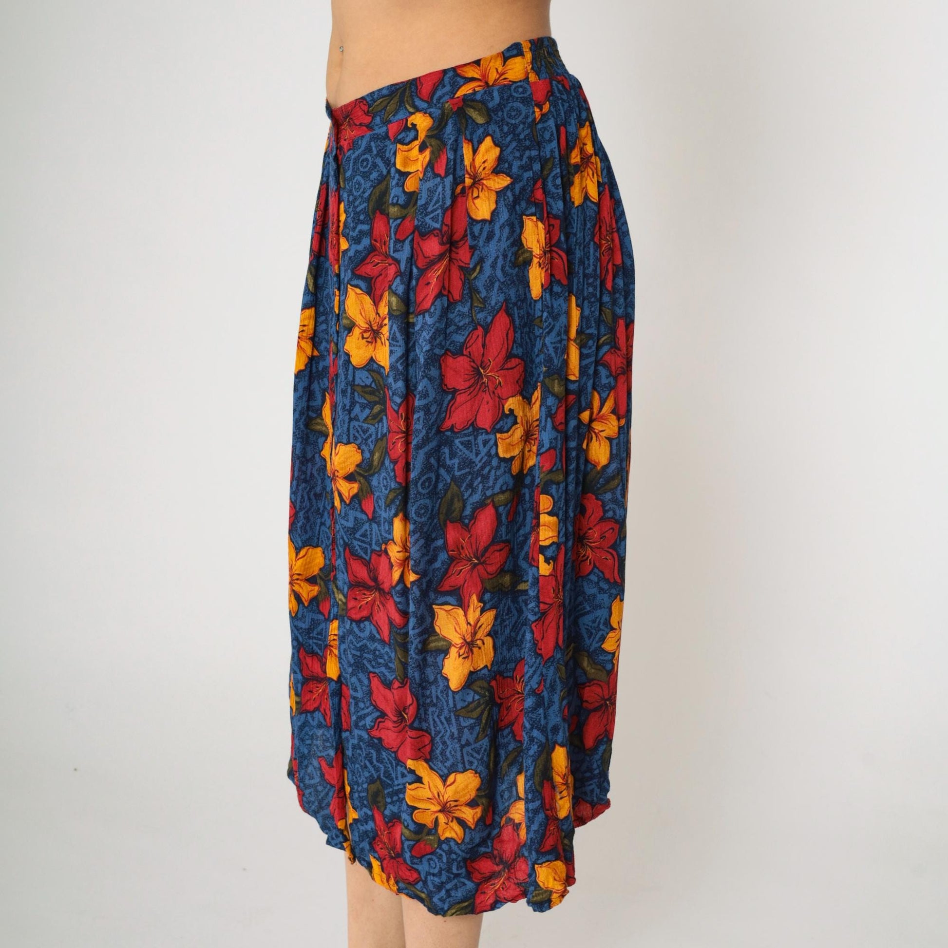 90s Maggie Lawrence Tropical Floral Midi Skirt High Waist Button Up Large L