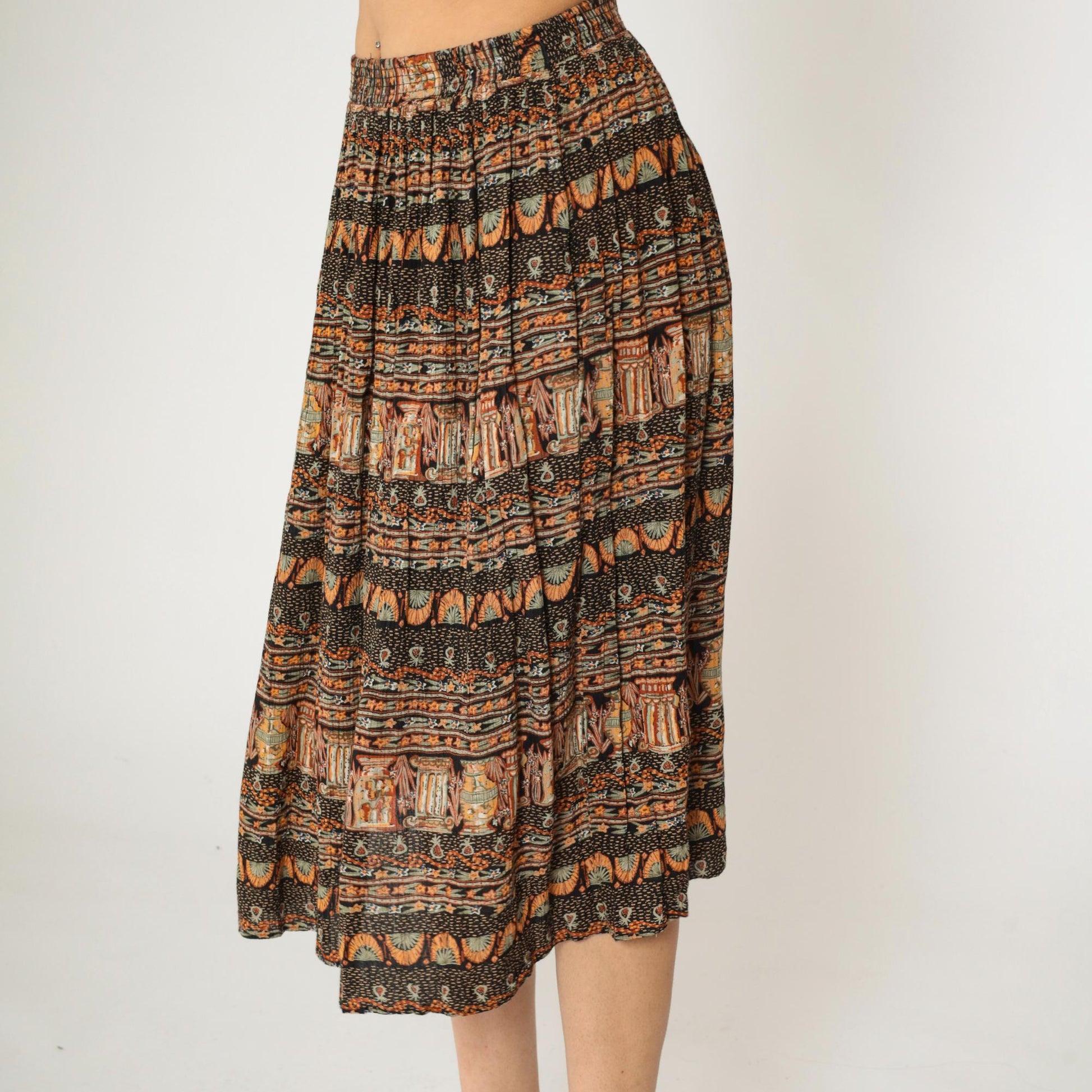 90s Broomstick Midi Skirt Black Orange Vase Print Crinkle Rayon Medium M