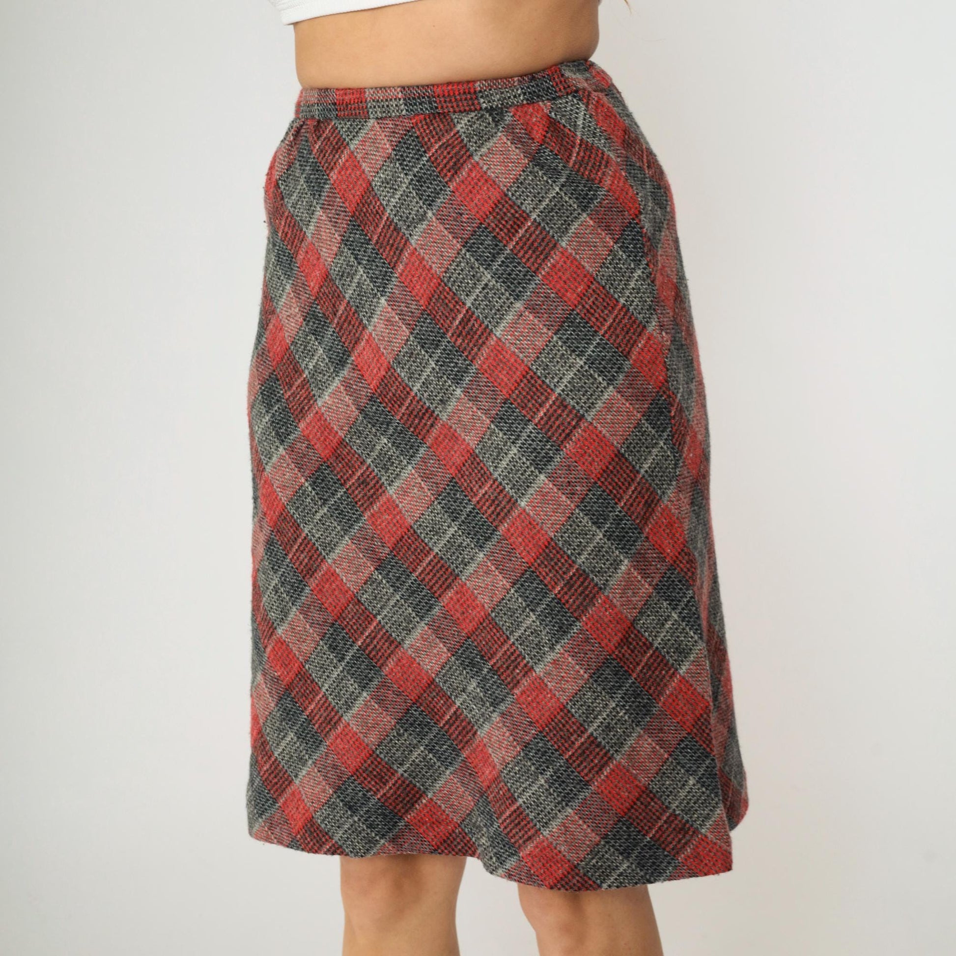 80s Checkered Skirt Grey Red High Waisted Straight Knee Length Extra Small
