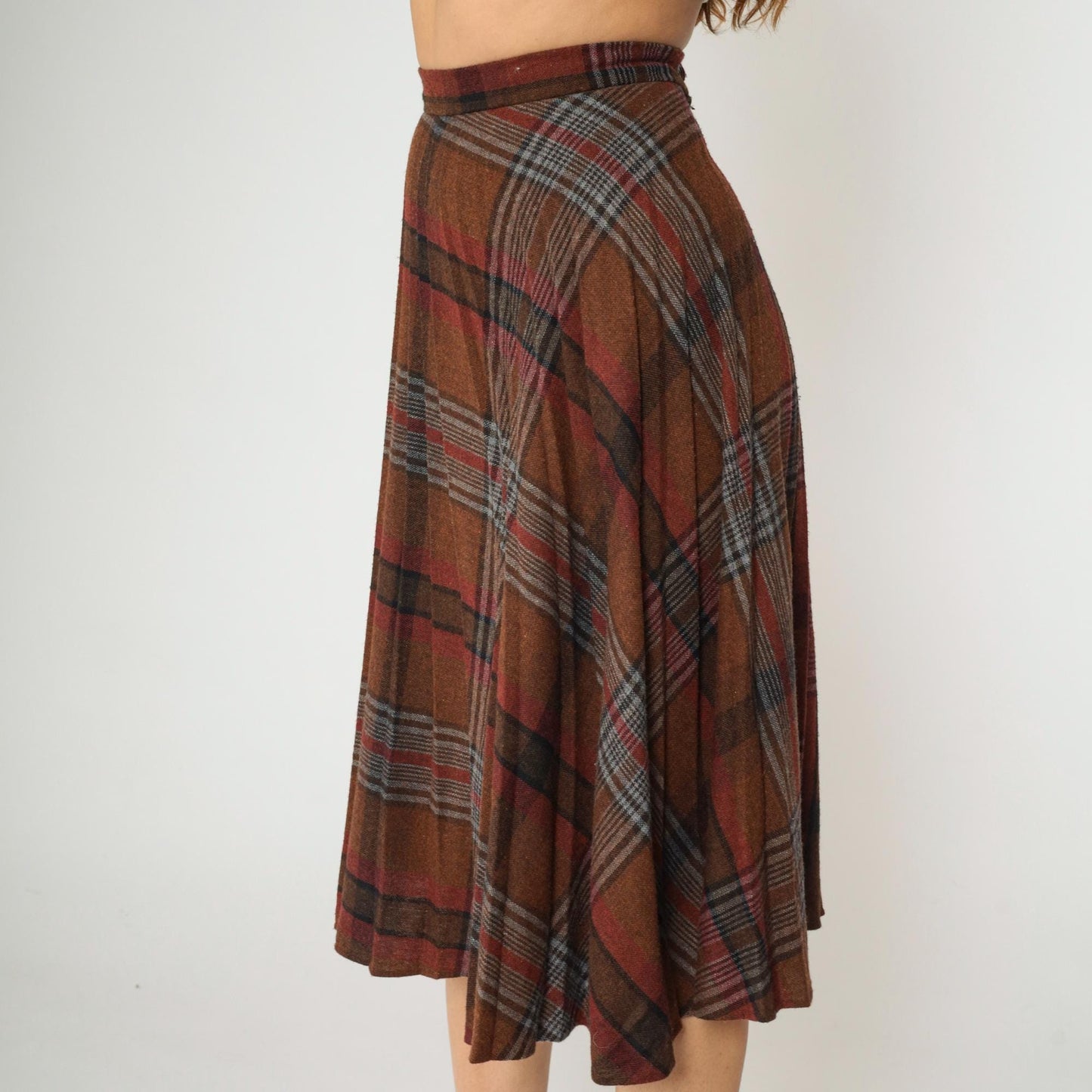 80s Russ Togs II Plaid Midi Skirt Brown High-Waisted A-Line Small