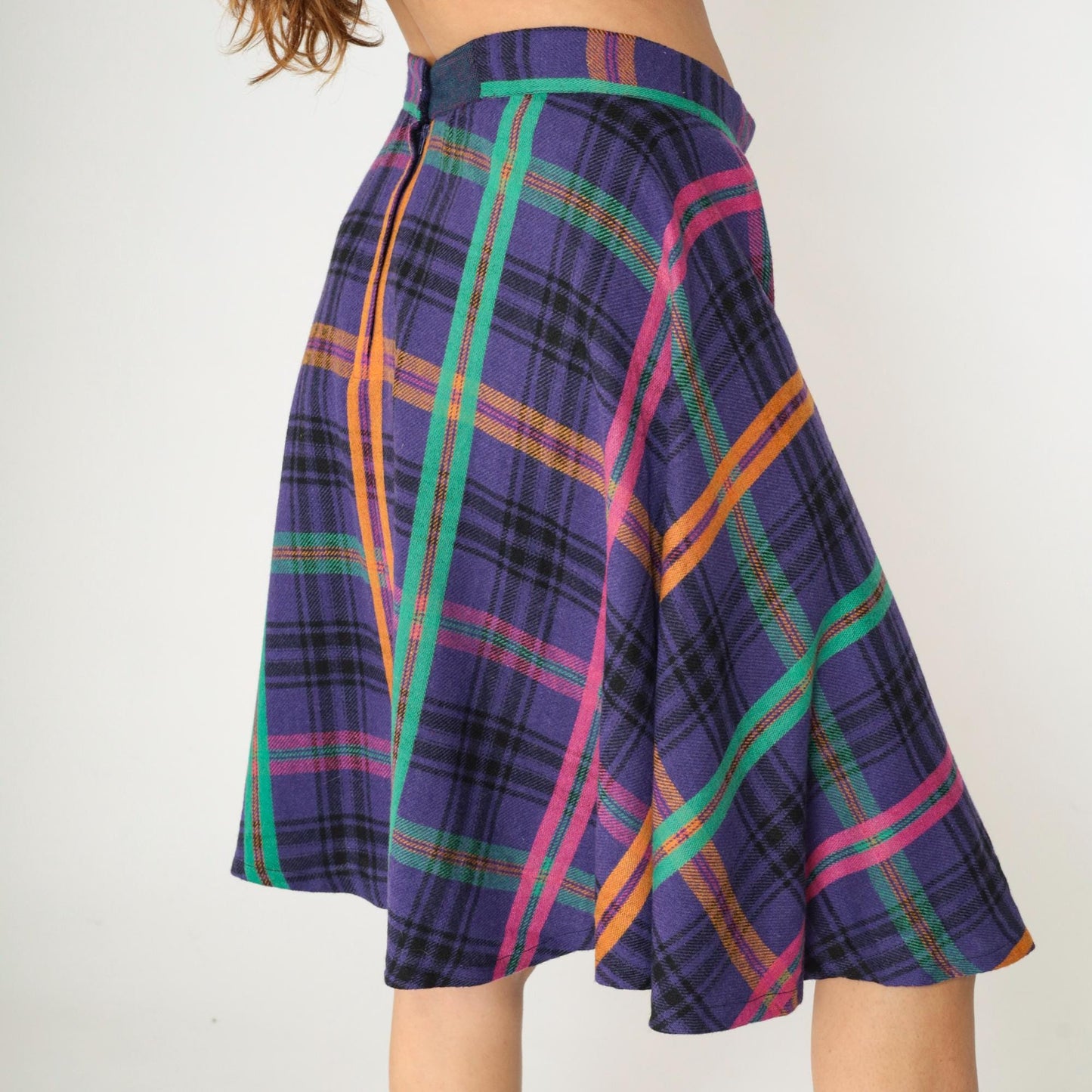 90s Purple Plaid Midi Skirt High Waisted Checkered School Girl Medium M