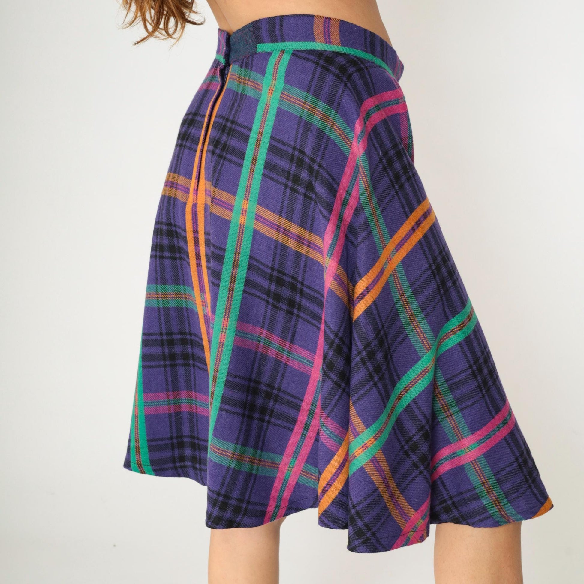 90s Purple Plaid Midi Skirt High Waisted Checkered School Girl Medium M