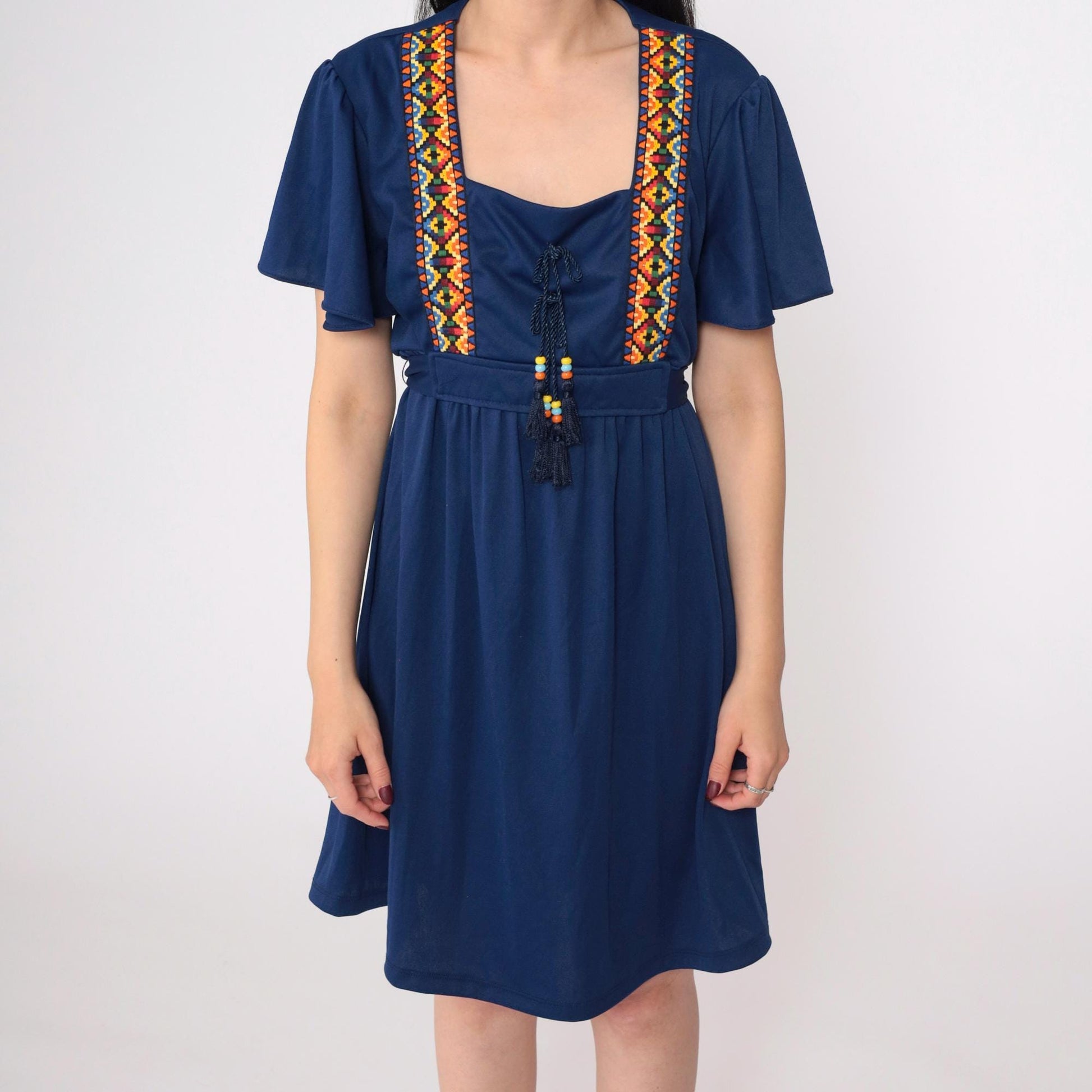 70s Navy Southwestern Empire Waist Mini Dress Flutter Sleeve Medium Large