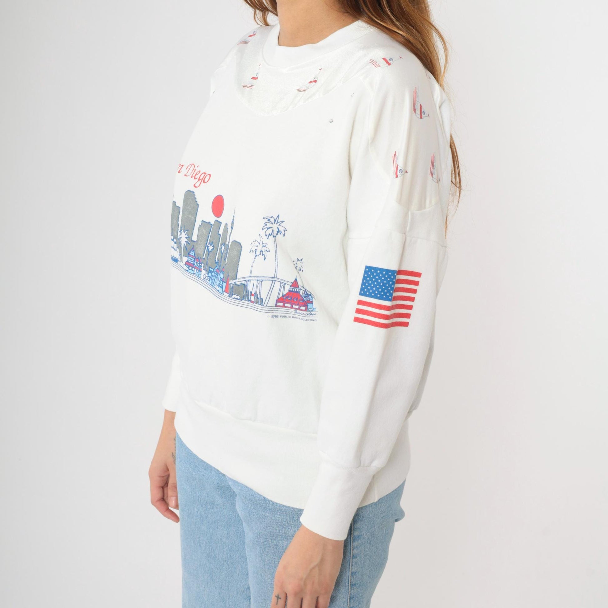 90s San Diego Nautical Sailboat Sweatshirt White Glitter Rhinestone Medium
