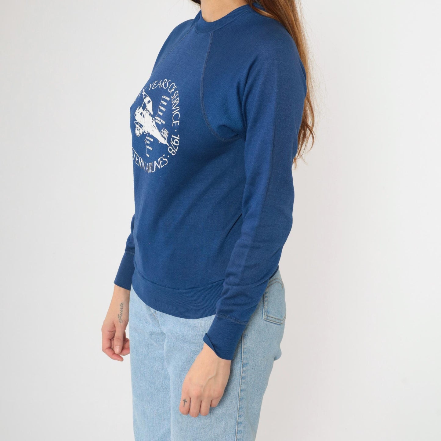 70s Eastern Airlines Sweatshirt Blue Airplane Graphic Raglan Crewneck Extra Small