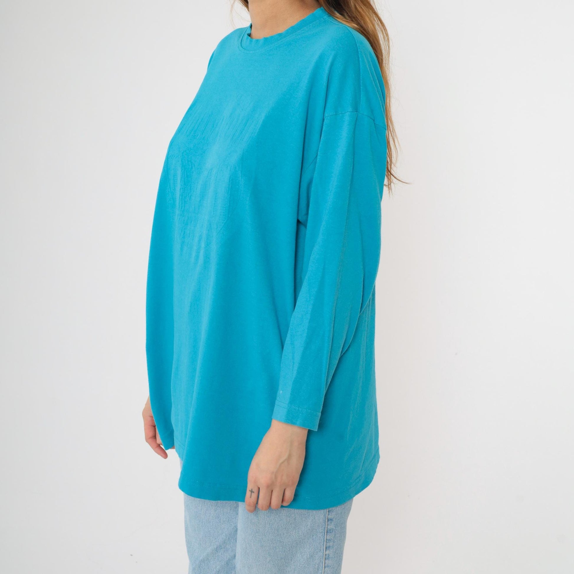 90s Hollywood Los Angeles Embossed Graphic Long Sleeve Tee Turquoise Extra Large XL