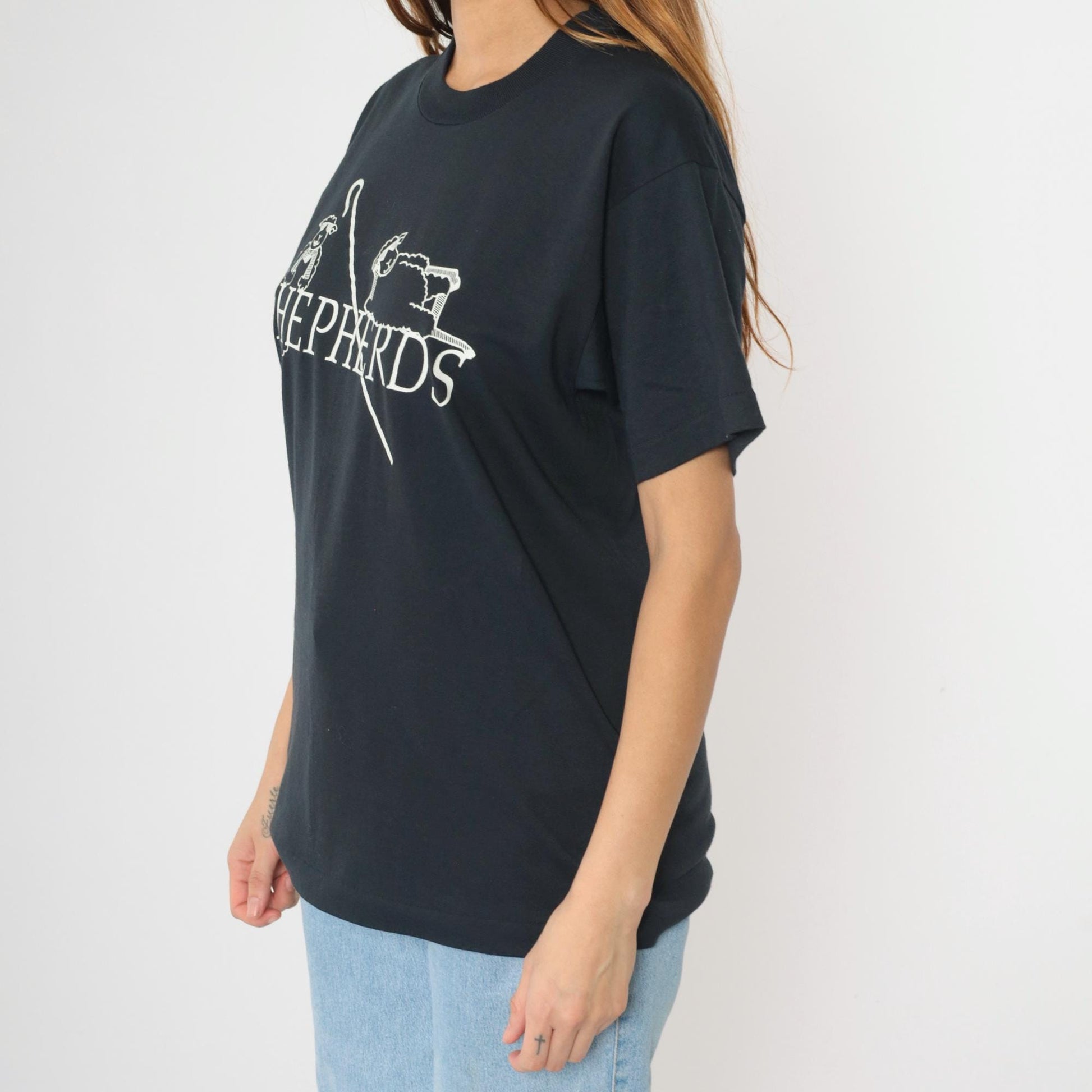 90s Shepherd Sheep Graphic T-Shirt Screen Stars Black Single Stitch Medium