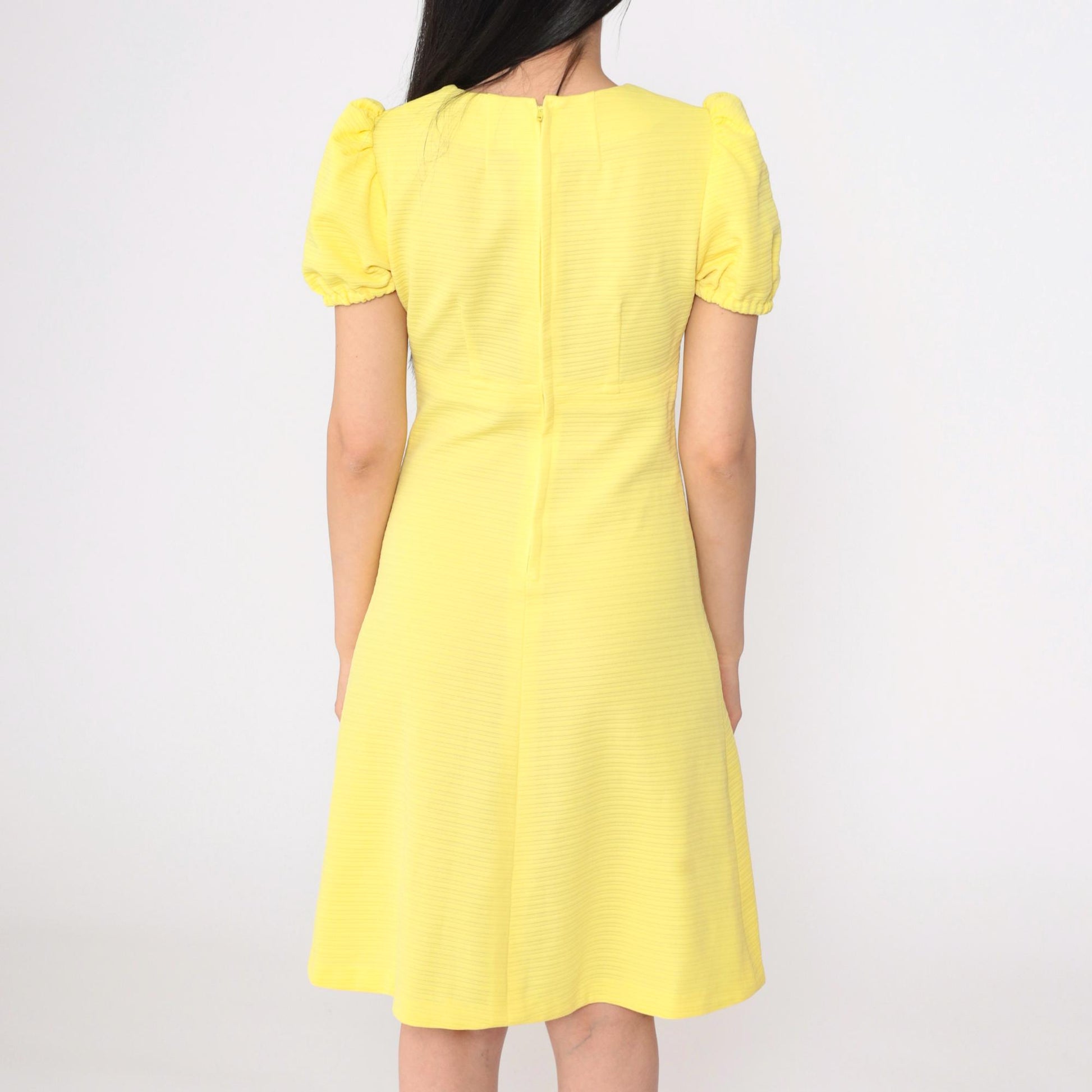 70s Yellow Babydoll Dress Empire Waist Puff Sleeve Mini Scoop Neck Small