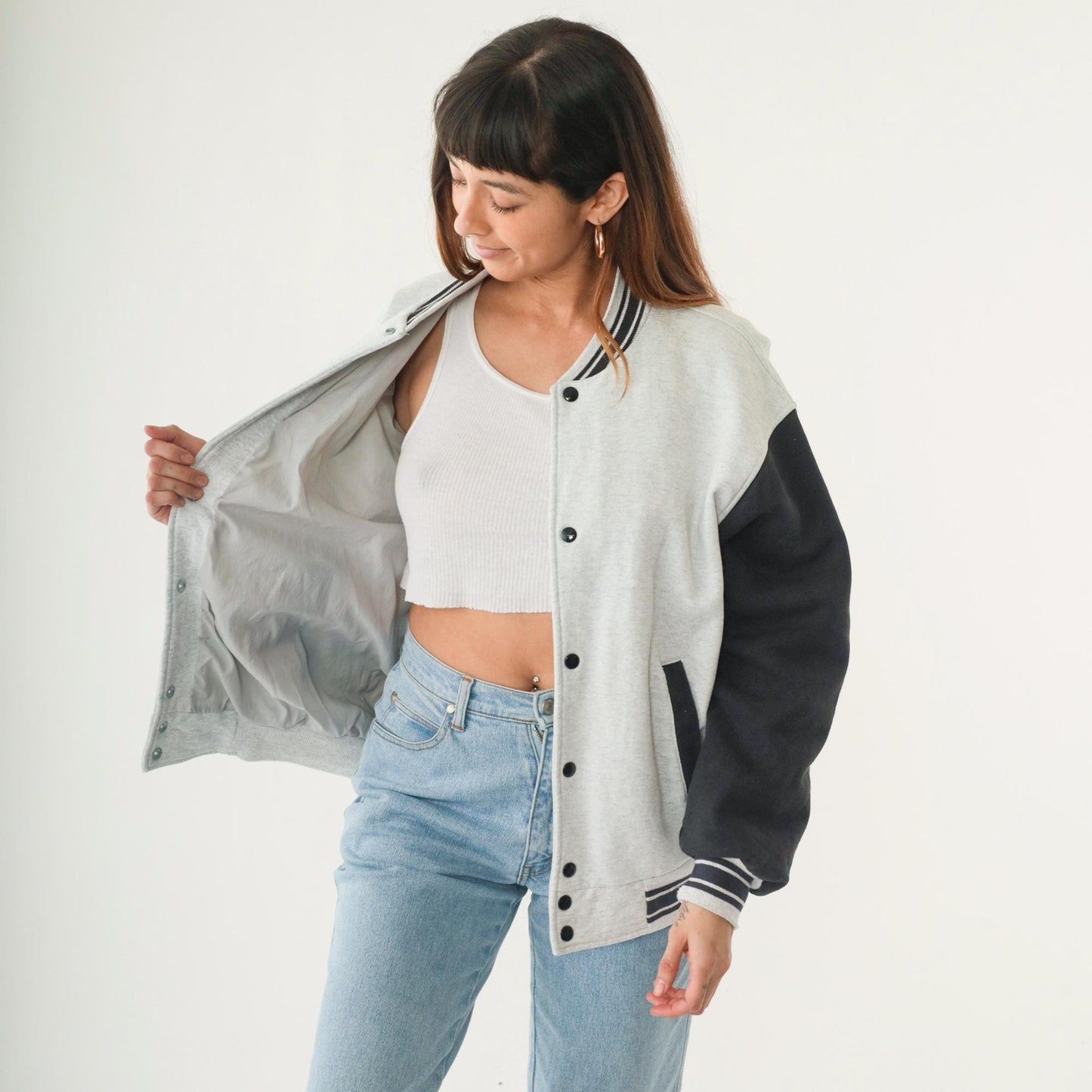 90s Dog Graphic Bomber Jacket Heather Grey Black Striped Snap Up Large L