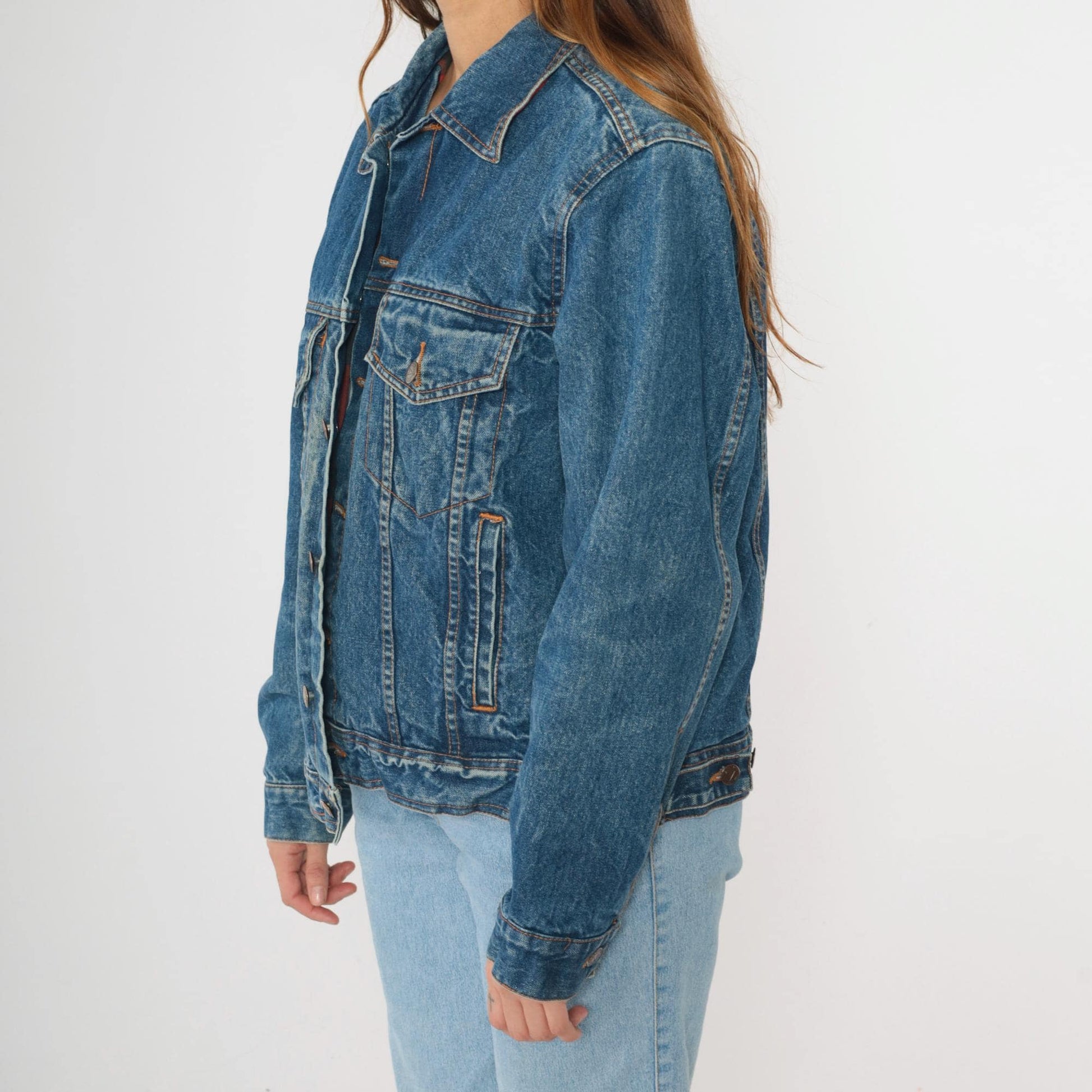 90s Generation One Blue Denim Jacket Red Buffalo Plaid Lining Medium M