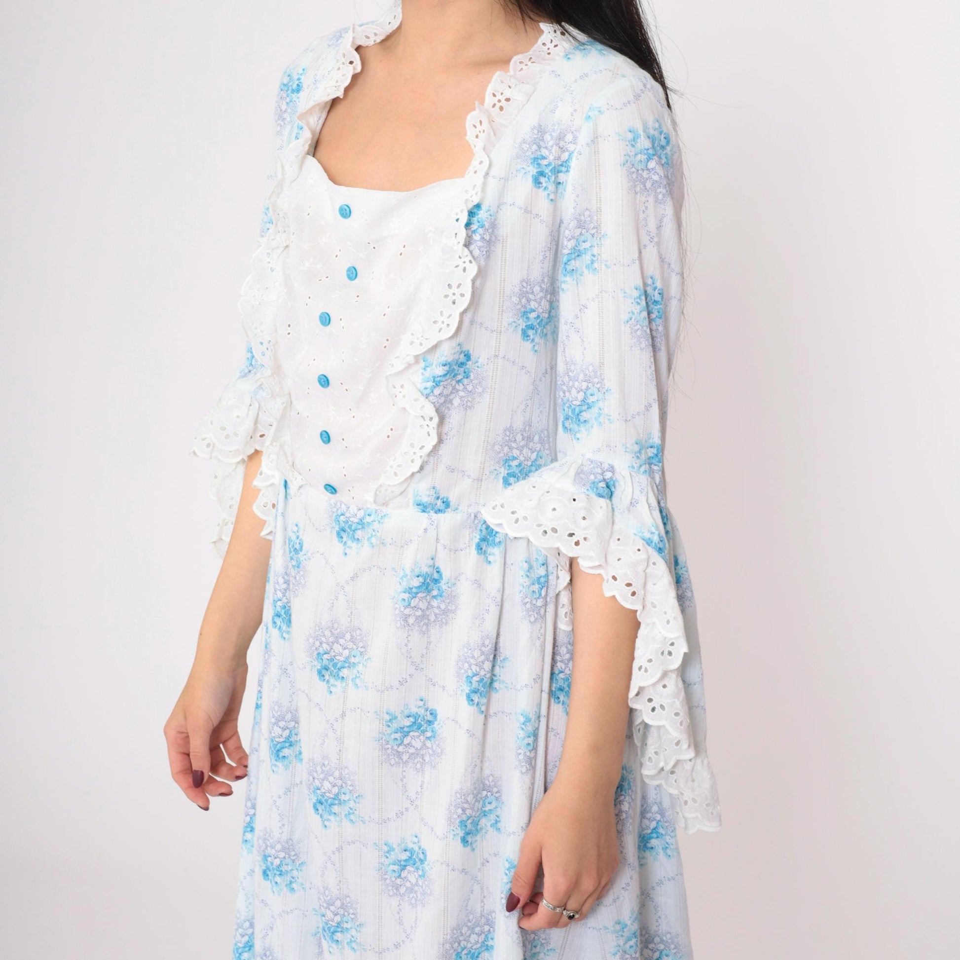 70s Floral Prairie Maxi Dress White Blue Bell Sleeve High Waist Lace Bib Medium Large
